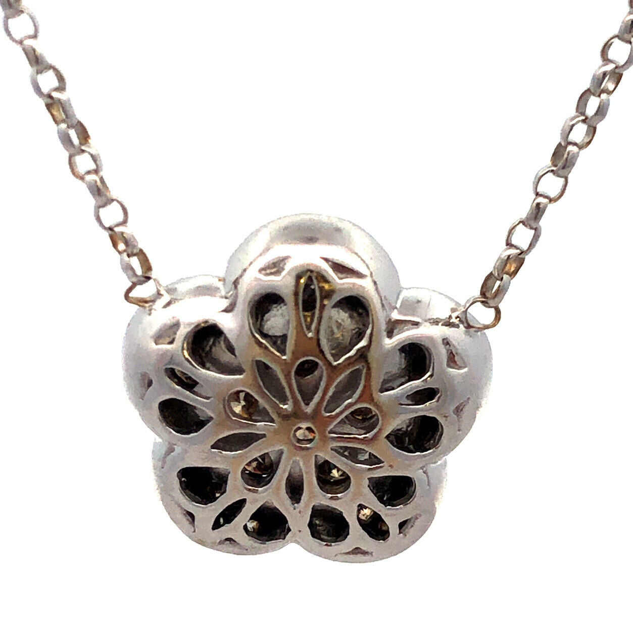 Designer 18K White Gold Champagne & White Diamond Flower Cluster Necklace