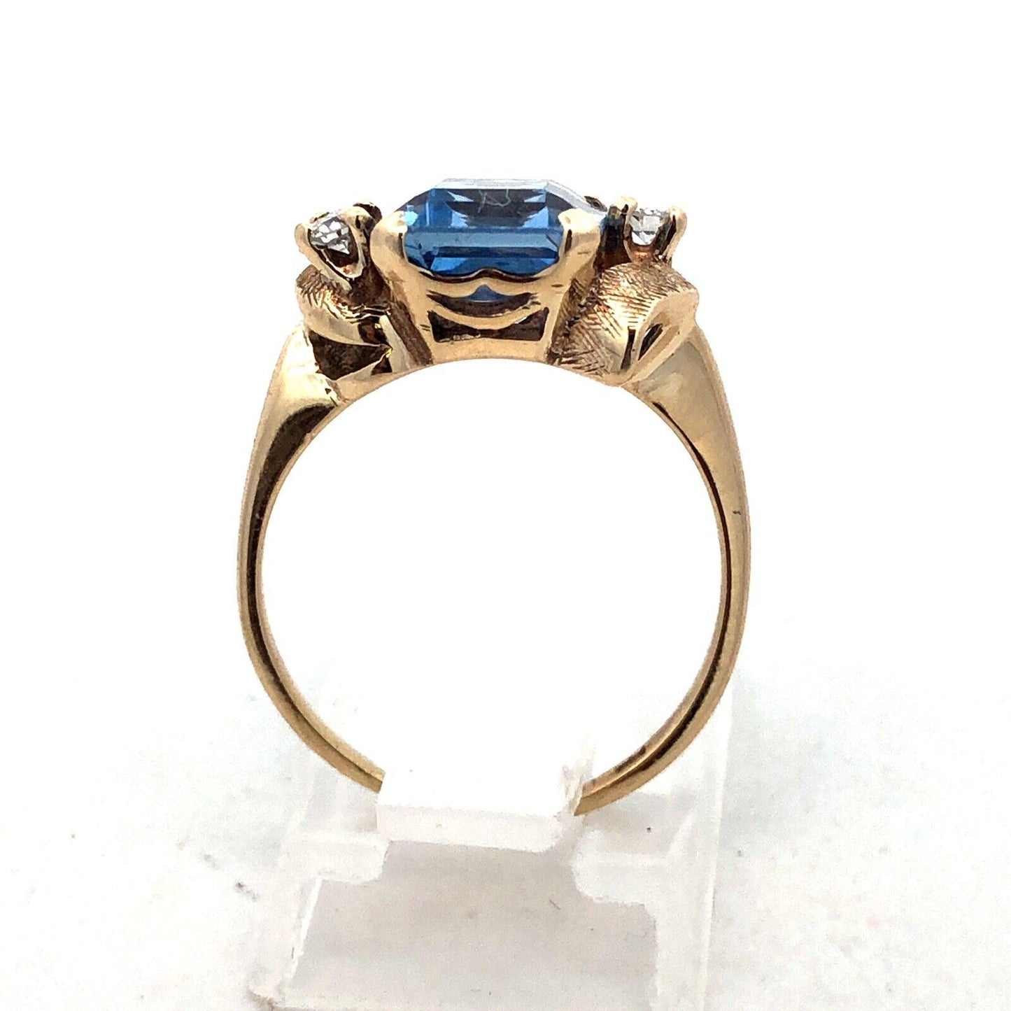 Designer 10K Yellow Gold Emerald Cut Blue Spinel Diamond Engagement Ring