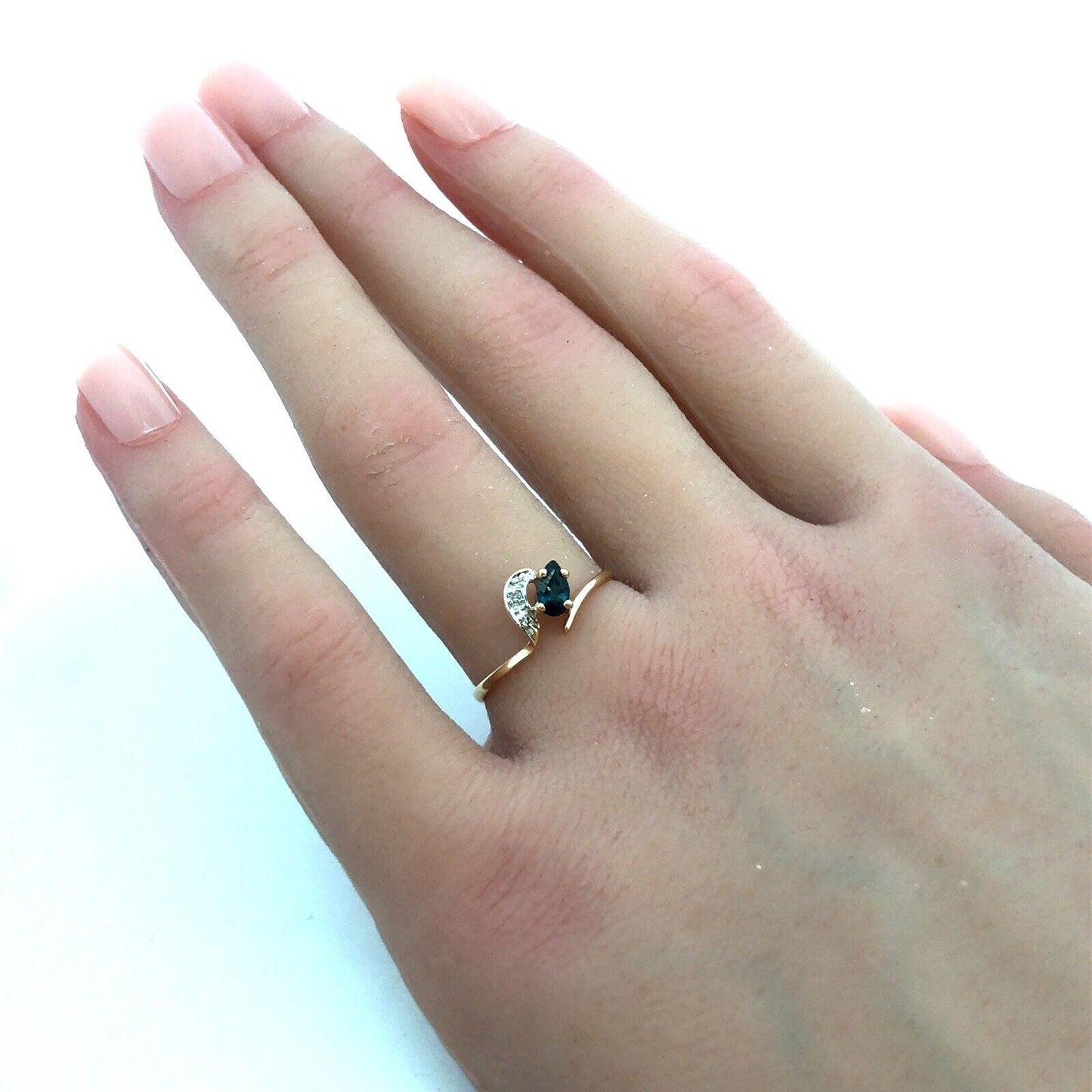 Designer PC 10K Yellow Gold Pear London Blue Topaz White Sapphire Stacking Ring