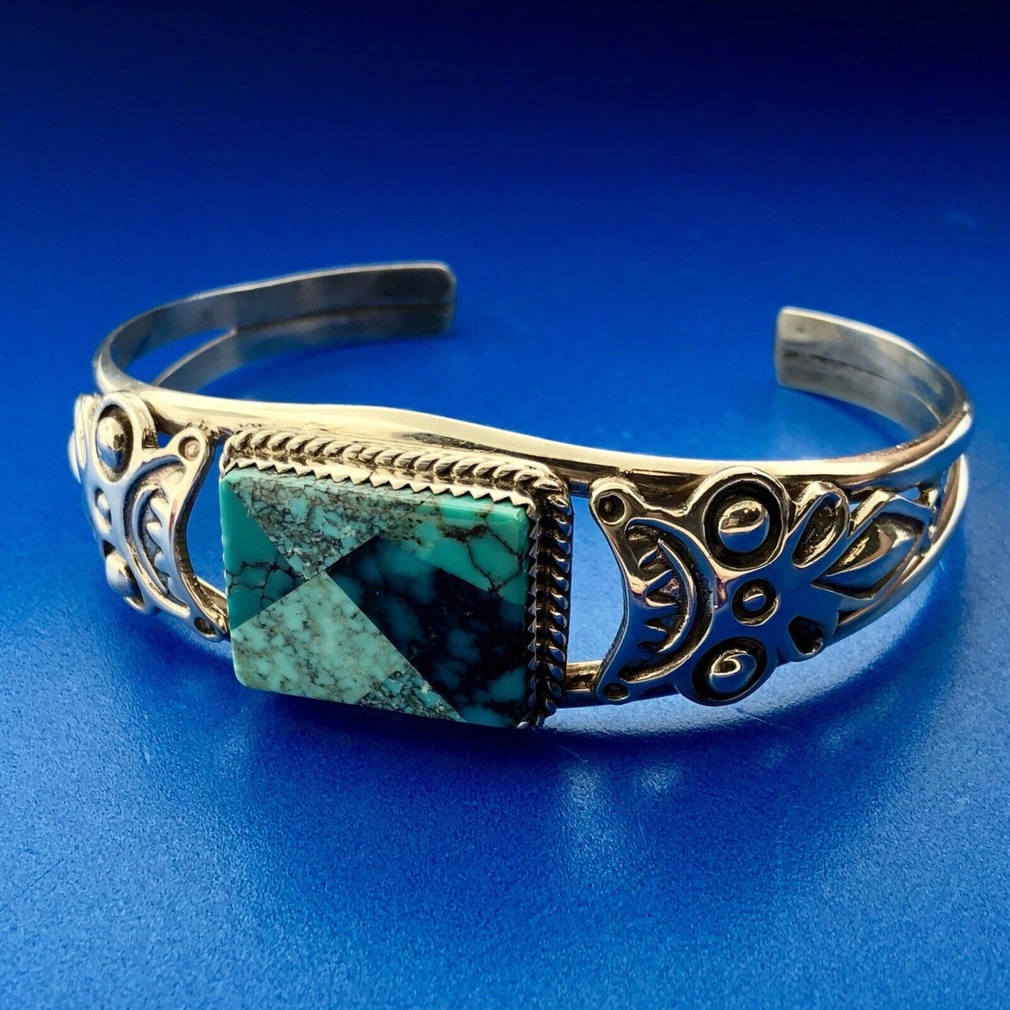 Vintage Benjamin Piaso Jr Navajo Sterling Silver Turquoise Mosaic Cuff Bracelet