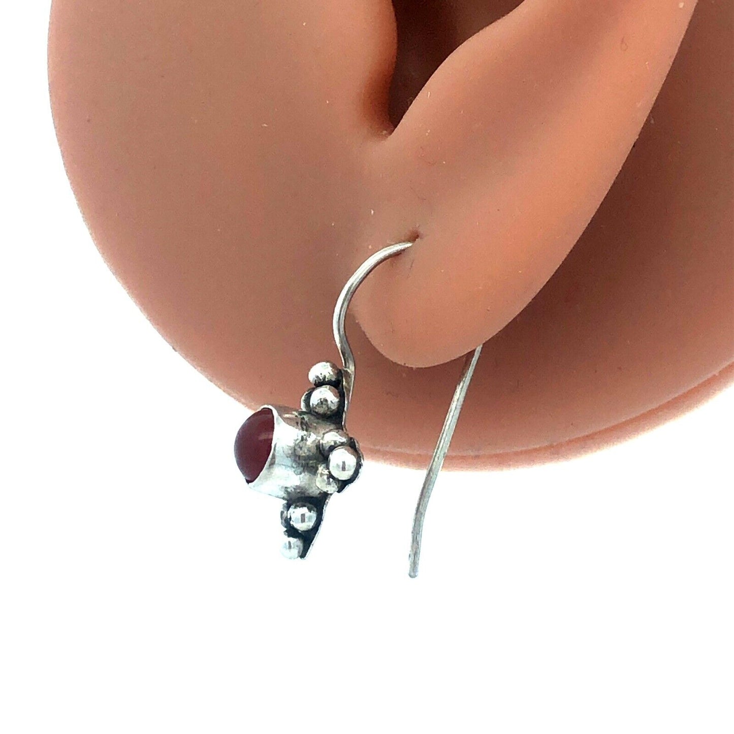Estate 925 Sterling Silver Carnelian Cabochon Beaded Drop Dangle Hook Earrings