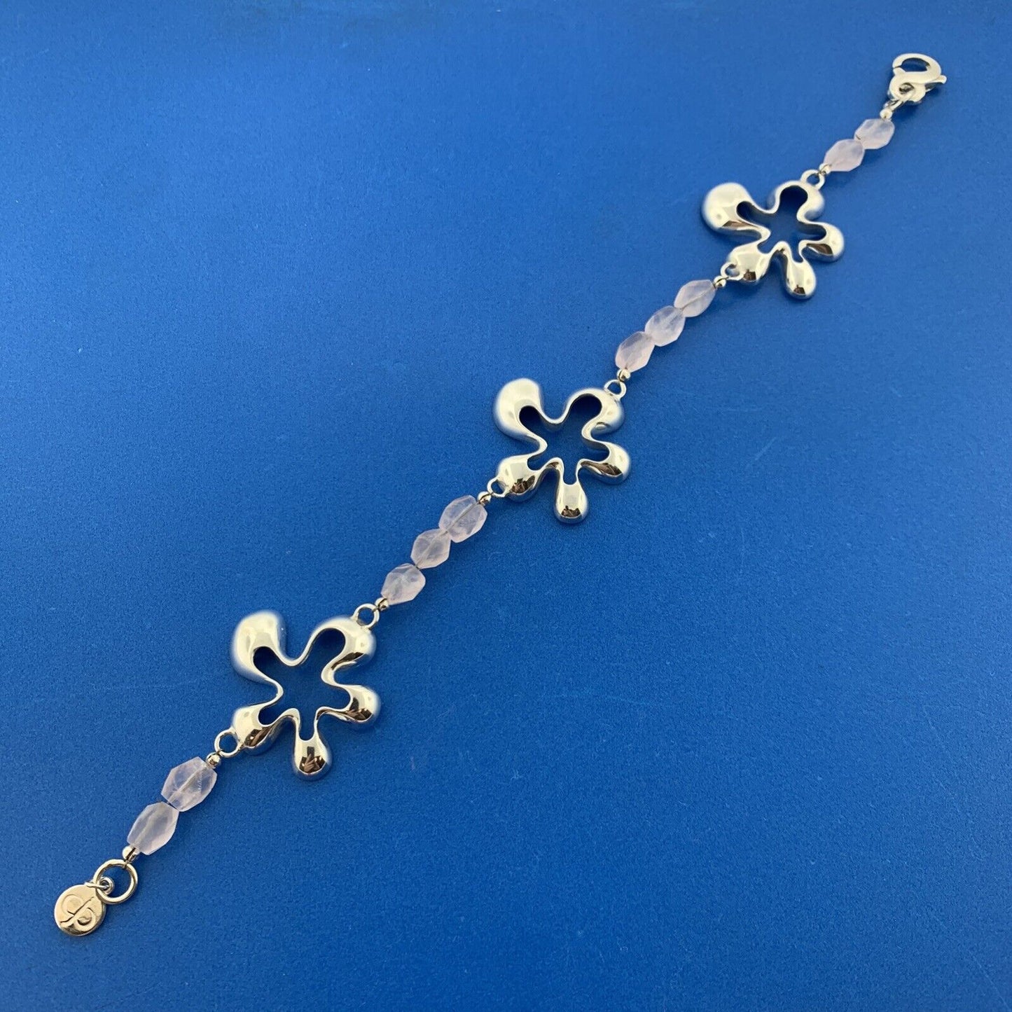 Designer Modernist Sterling Silver Rose Quartz Abstract Flower Station Bracelet