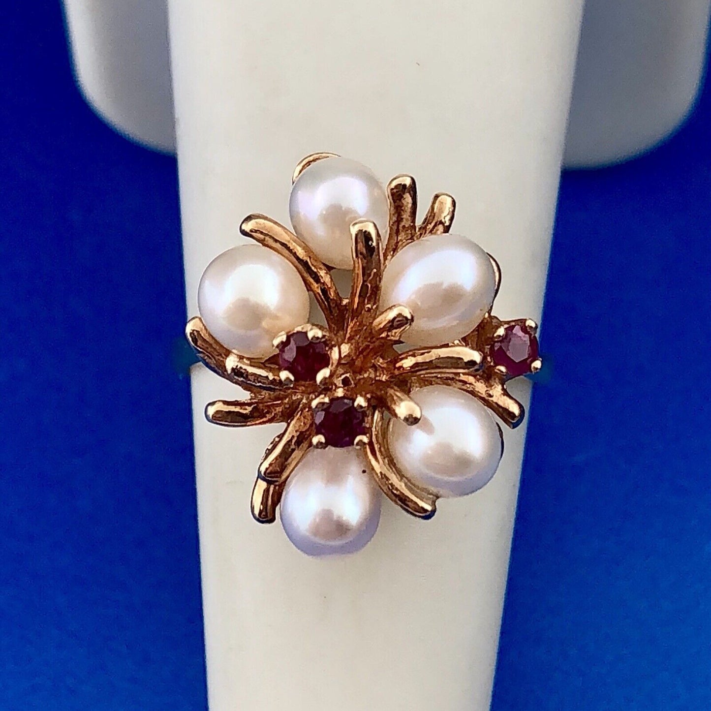 Vintage 14k Yellow Gold Ruby Pearl Cluster Modernist Free Form Cocktail Ring