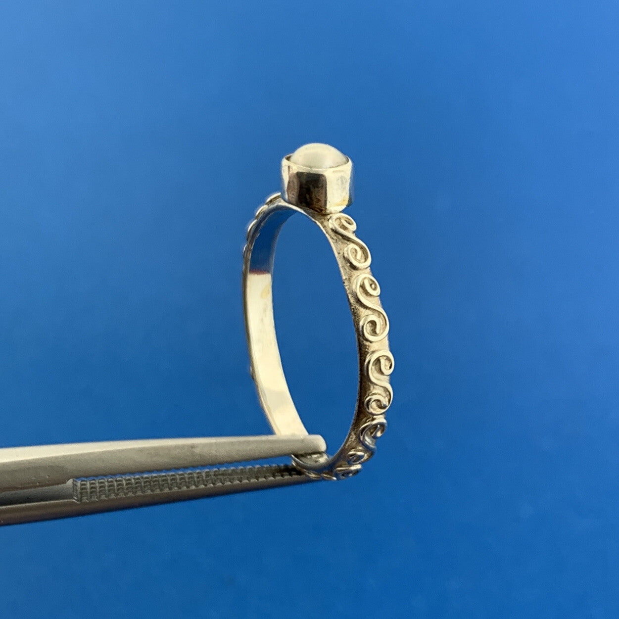 Designer 925 Sterling Silver Pearl Scroll Design Stackable Band Ring