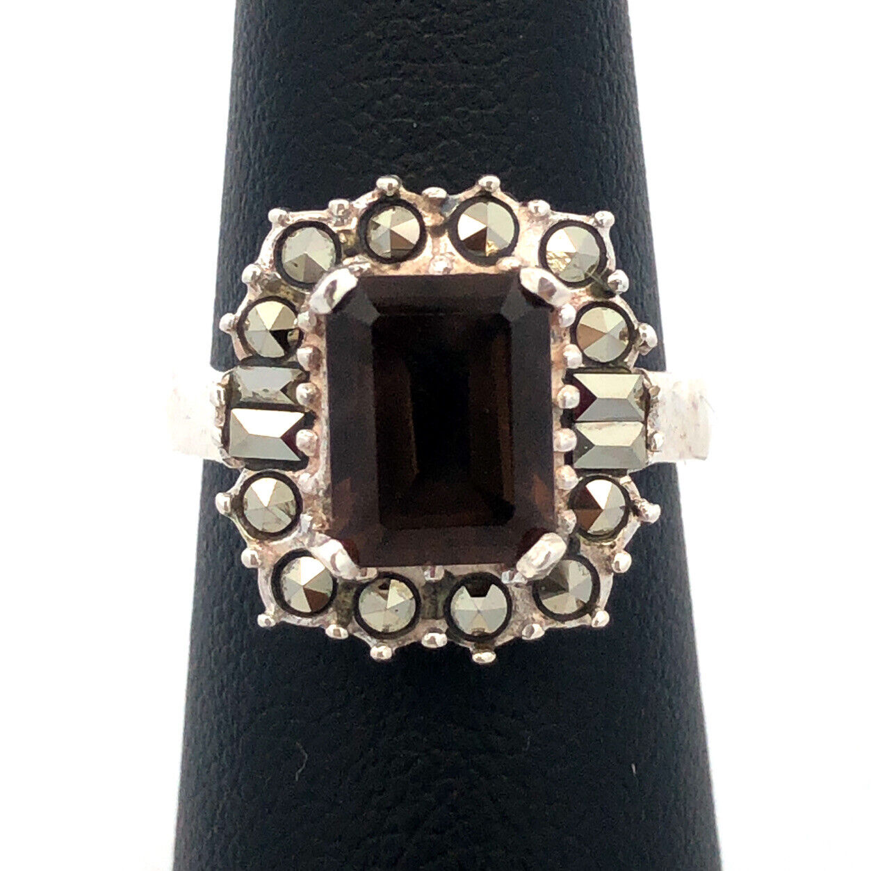 Designer 925 Sterling Silver Emerald Cut Smoky Quartz Hematite Halo Accent Ring