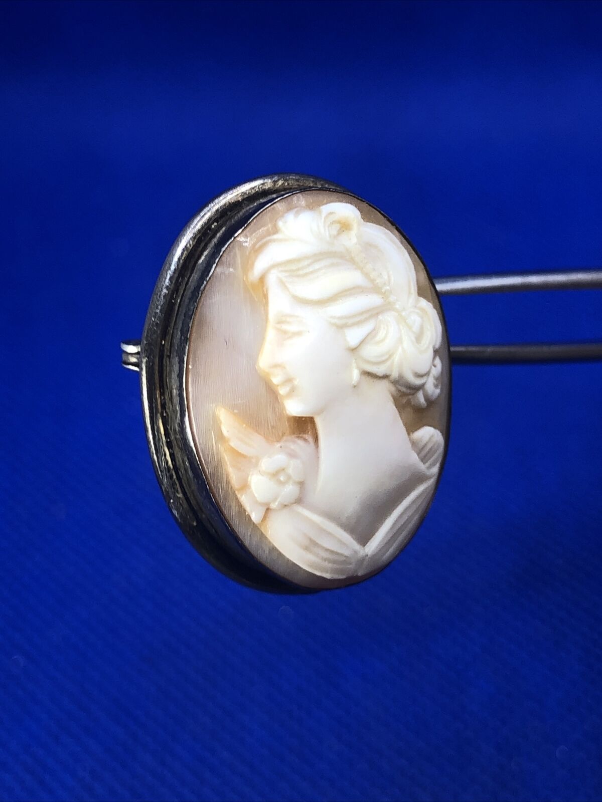 Victorian 800 Fine Silver Carved Woman Cameo Oval Pin Brooch Pendant