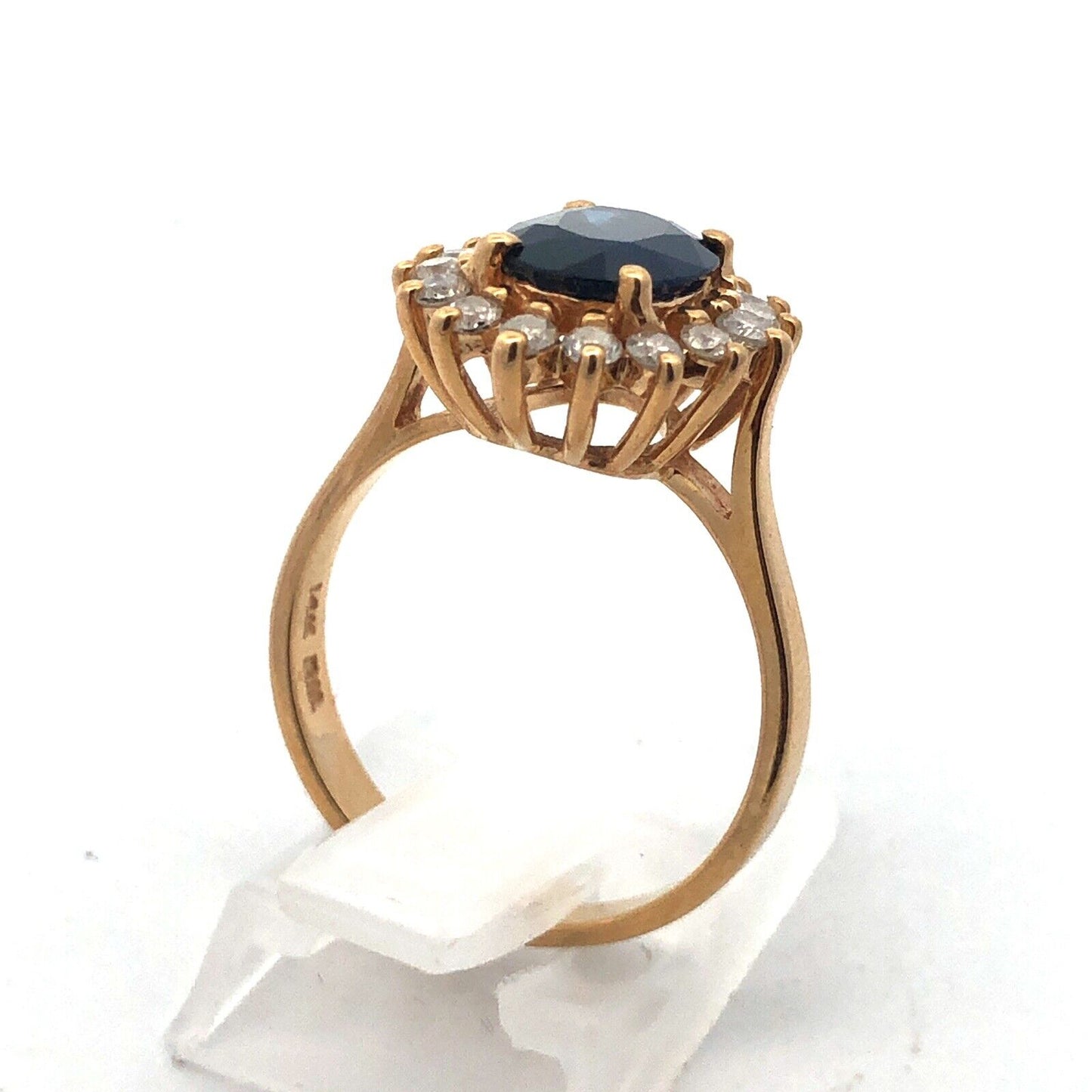 Designer 14K Yellow Gold Oval Blue Sapphire Diamond Halo Statement Cocktail Ring
