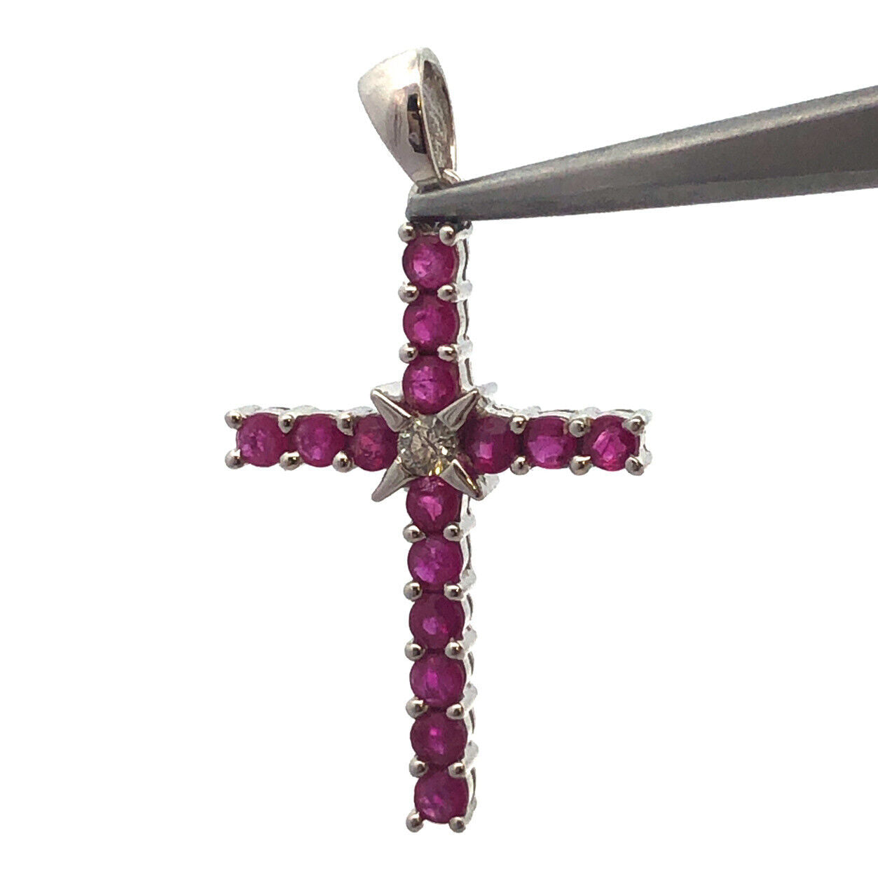 14K White Gold Ruby Diamond Cross Religious Communion Wedding July Pendant