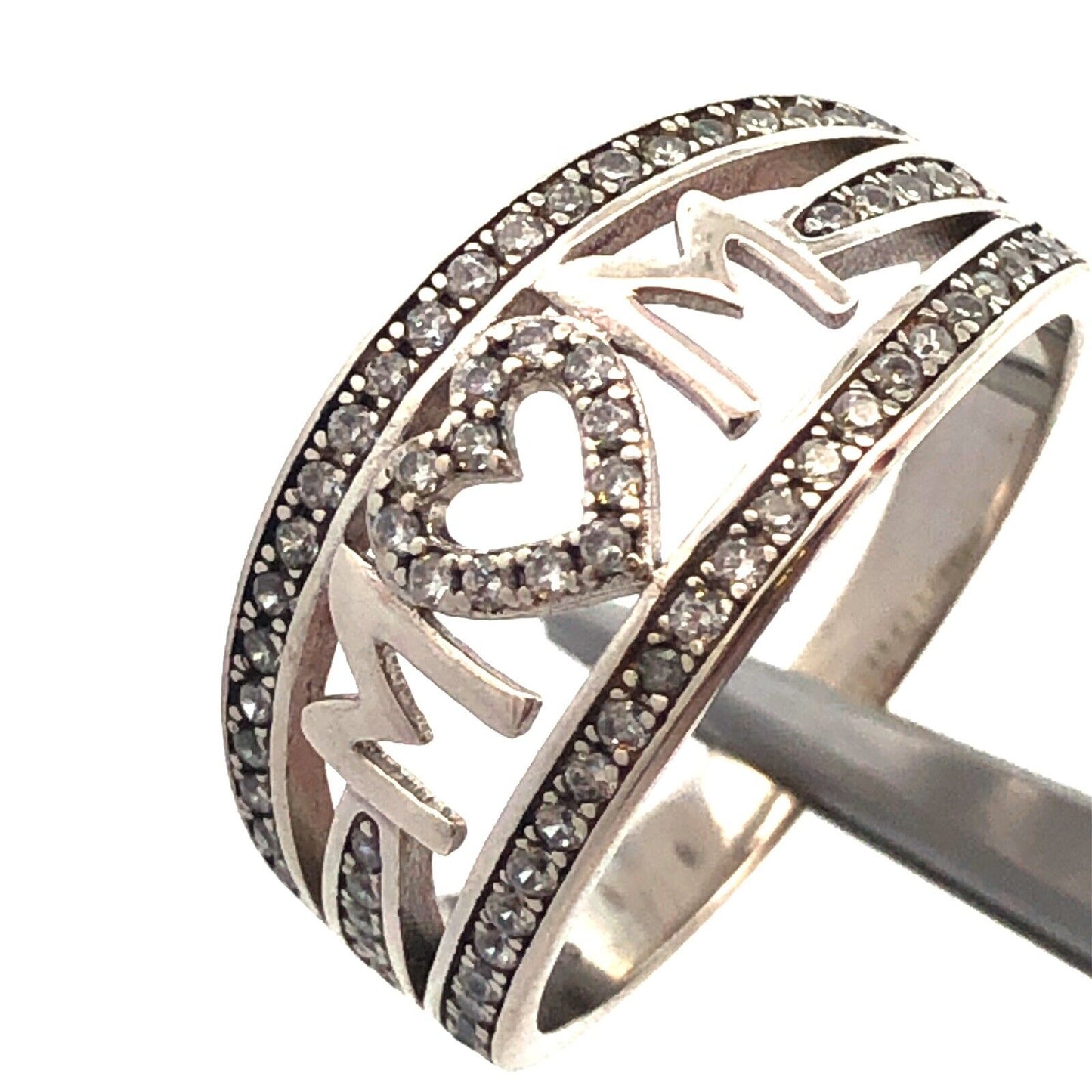 925 Sterling Silver Estate Cubic Zirconia CZ MOM Mother Heart Love Band Ring
