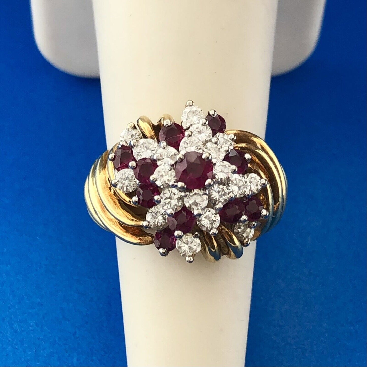 Gorgeous 14k Yellow Gold Diamond Ruby Towering Spiral Cluster Ring Size 4.75