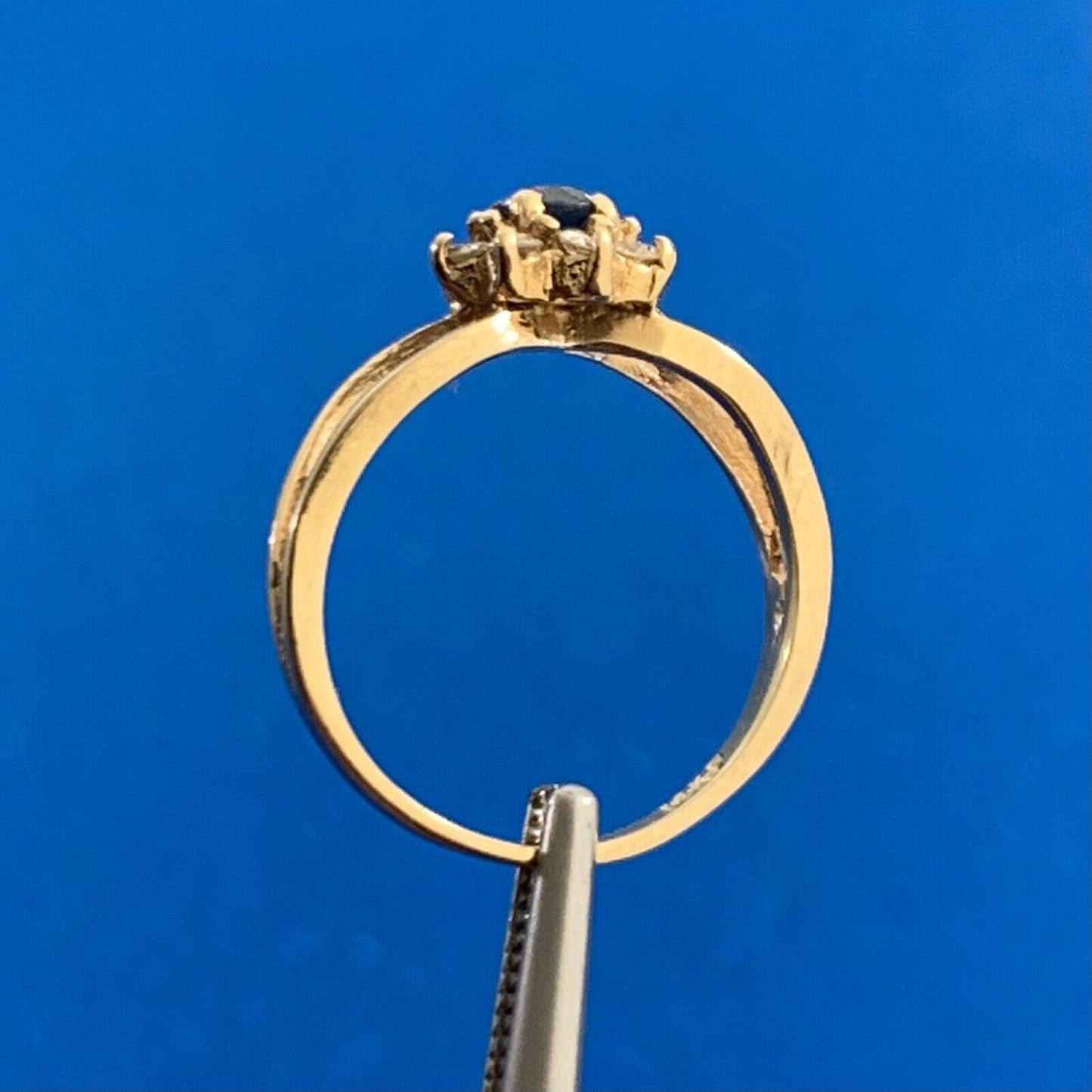 Designer 14K Yellow Gold Round Blue Sapphire Diamond Accent Cocktail Ring