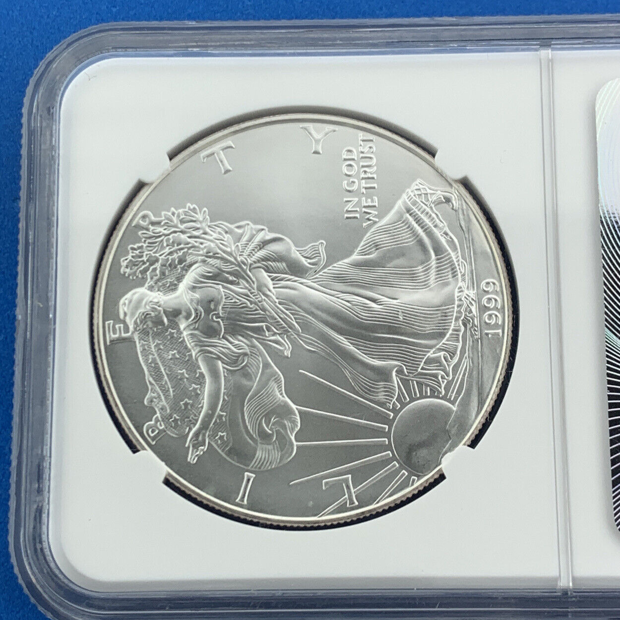 1999 $1 American .999 Silver Eagle Reverse Struck Thru Mint Error NGC MS69 Coin