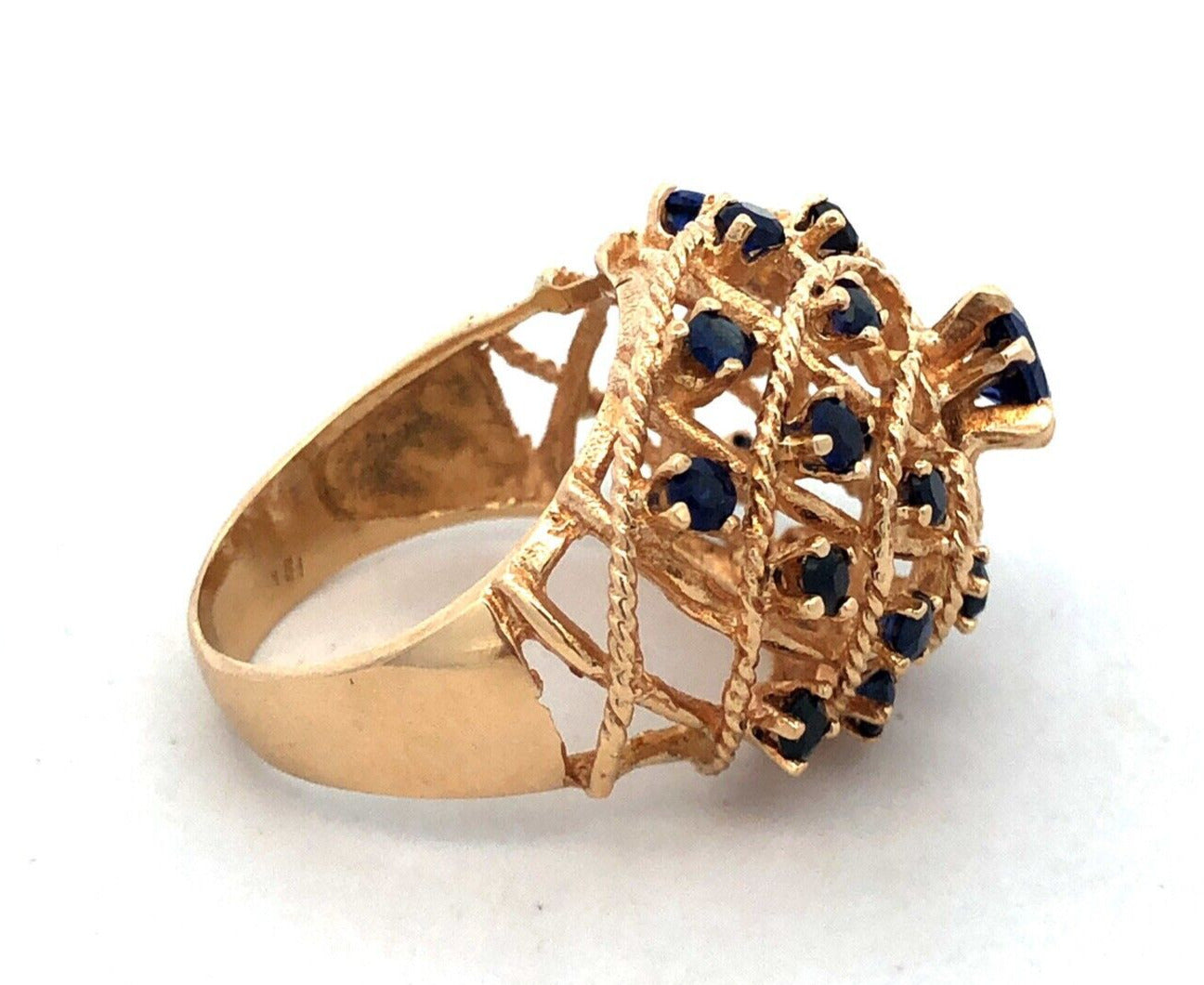 Estate 18K Yellow Gold Blue Sapphire Open Work Harem Cocktail Statement Ring