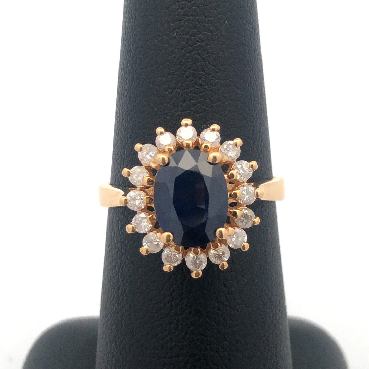 Designer 14K Yellow Gold Oval Blue Sapphire Diamond Halo Statement Cocktail Ring