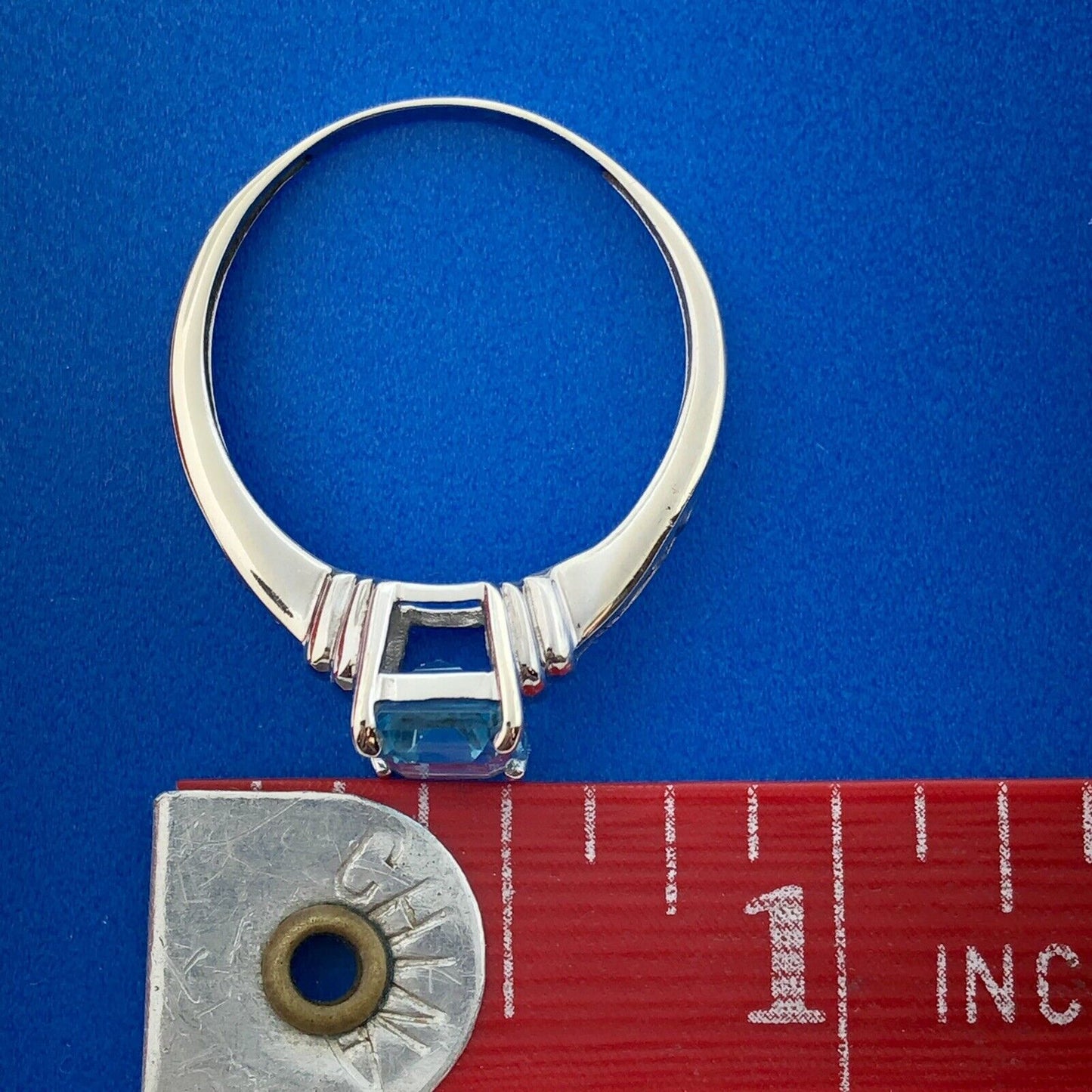 14K White Gold Rectangular Blue Topaz Diamond December Anniversary Cocktail Ring