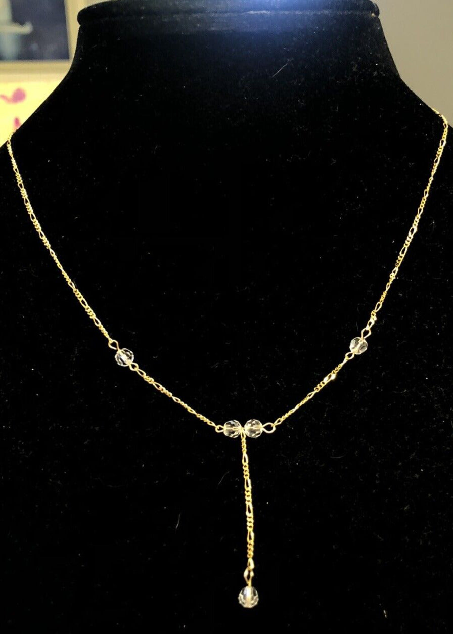 Designer LJ 14K Yellow Gold Cubic Zirconia Beaded Lariat Chain Necklace