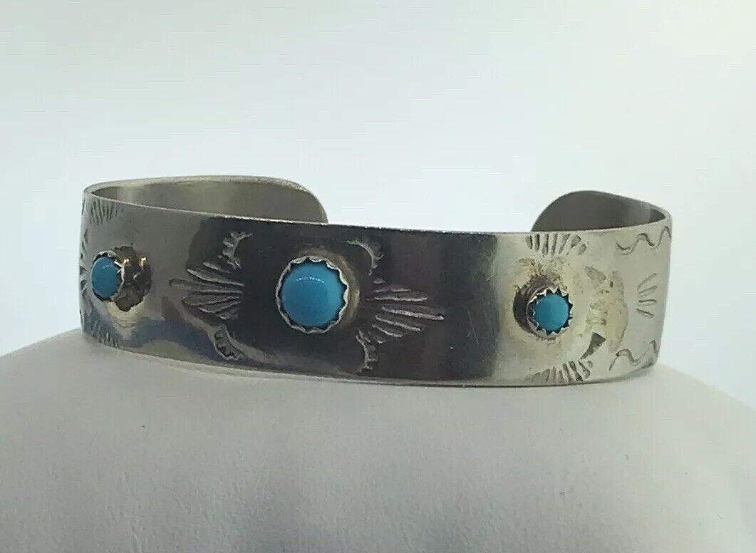Vintage Childs Silver Tone Faux Turquoise Storyteller Etched Cuff Bracelet