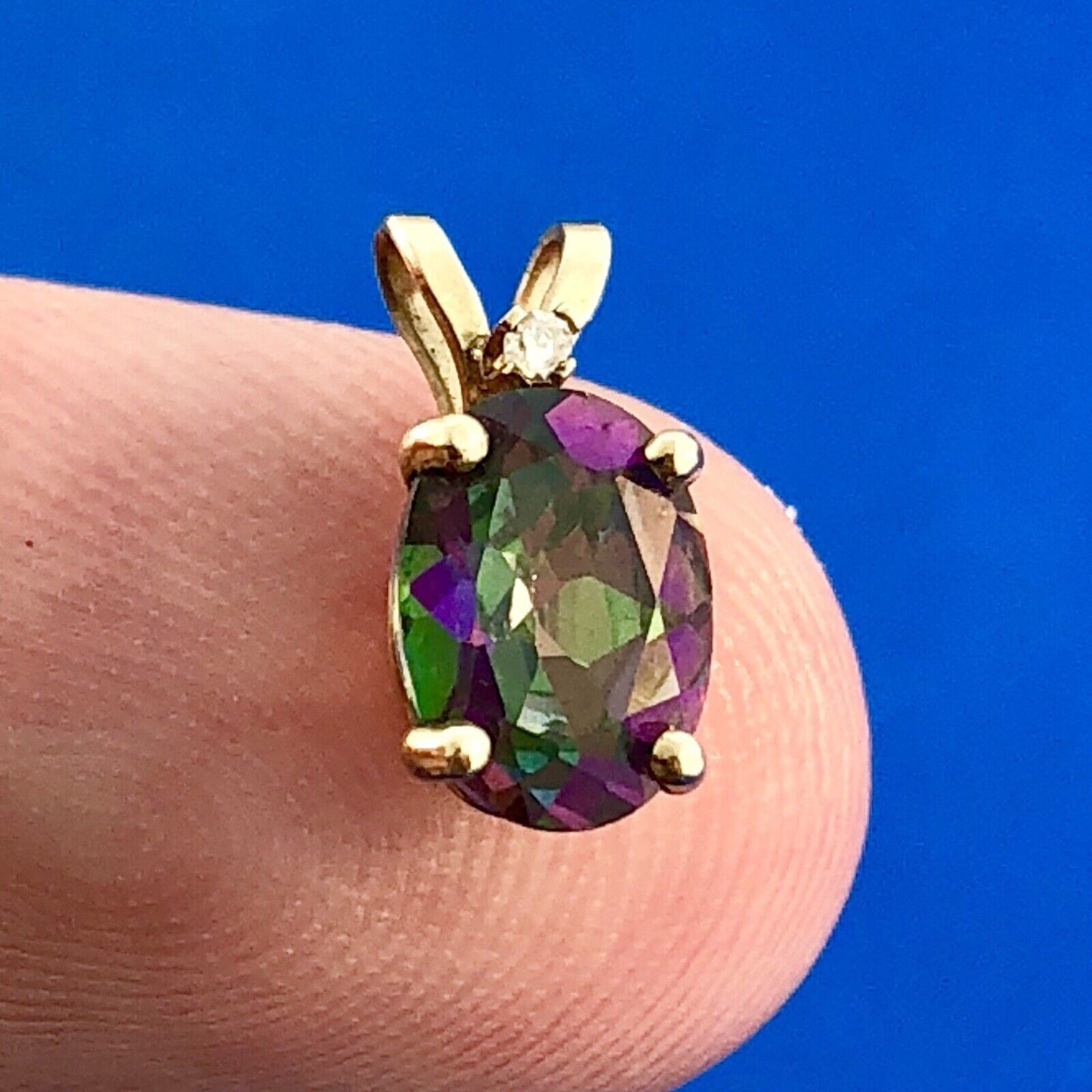 Designer 10k Yellow Gold Oval Mystic Topaz Diamond Accented Pendant