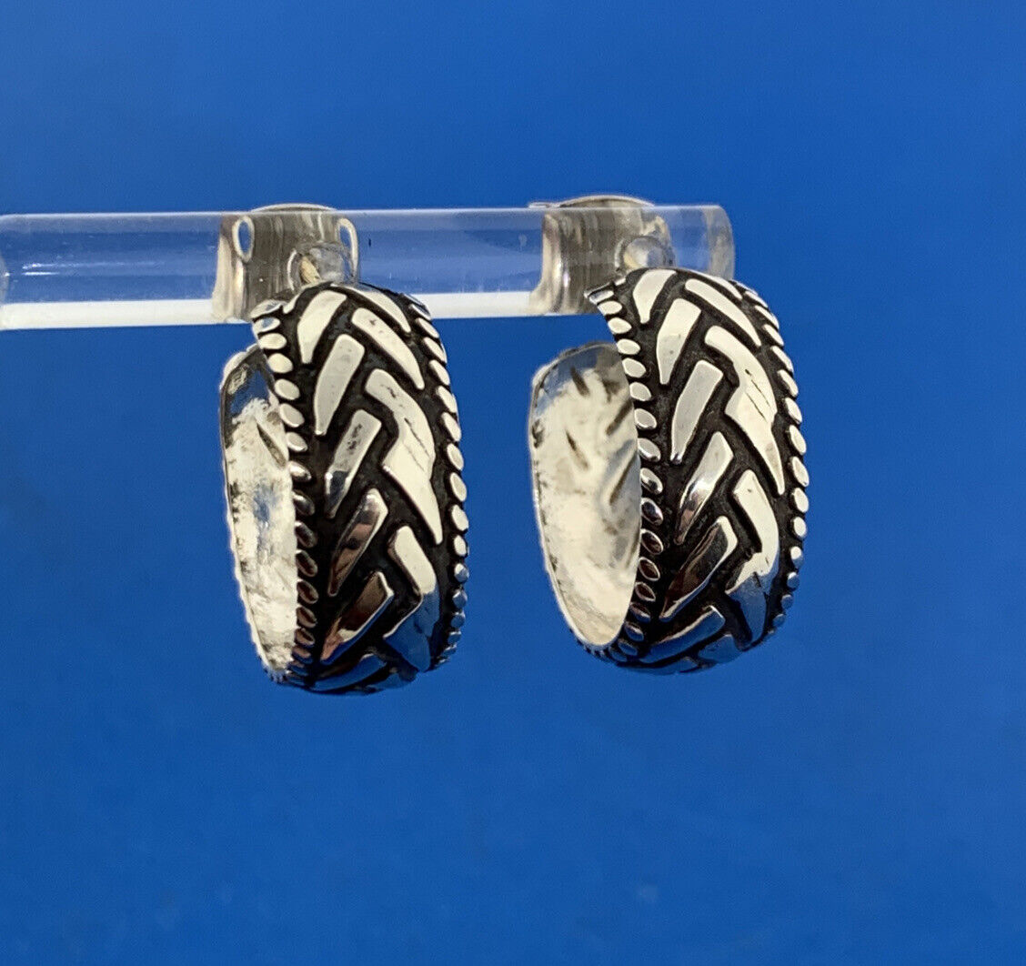 Estate Sterling Silver 925 14K Yellow Gold Weave Bead Design 5/8" Hoop Earrings