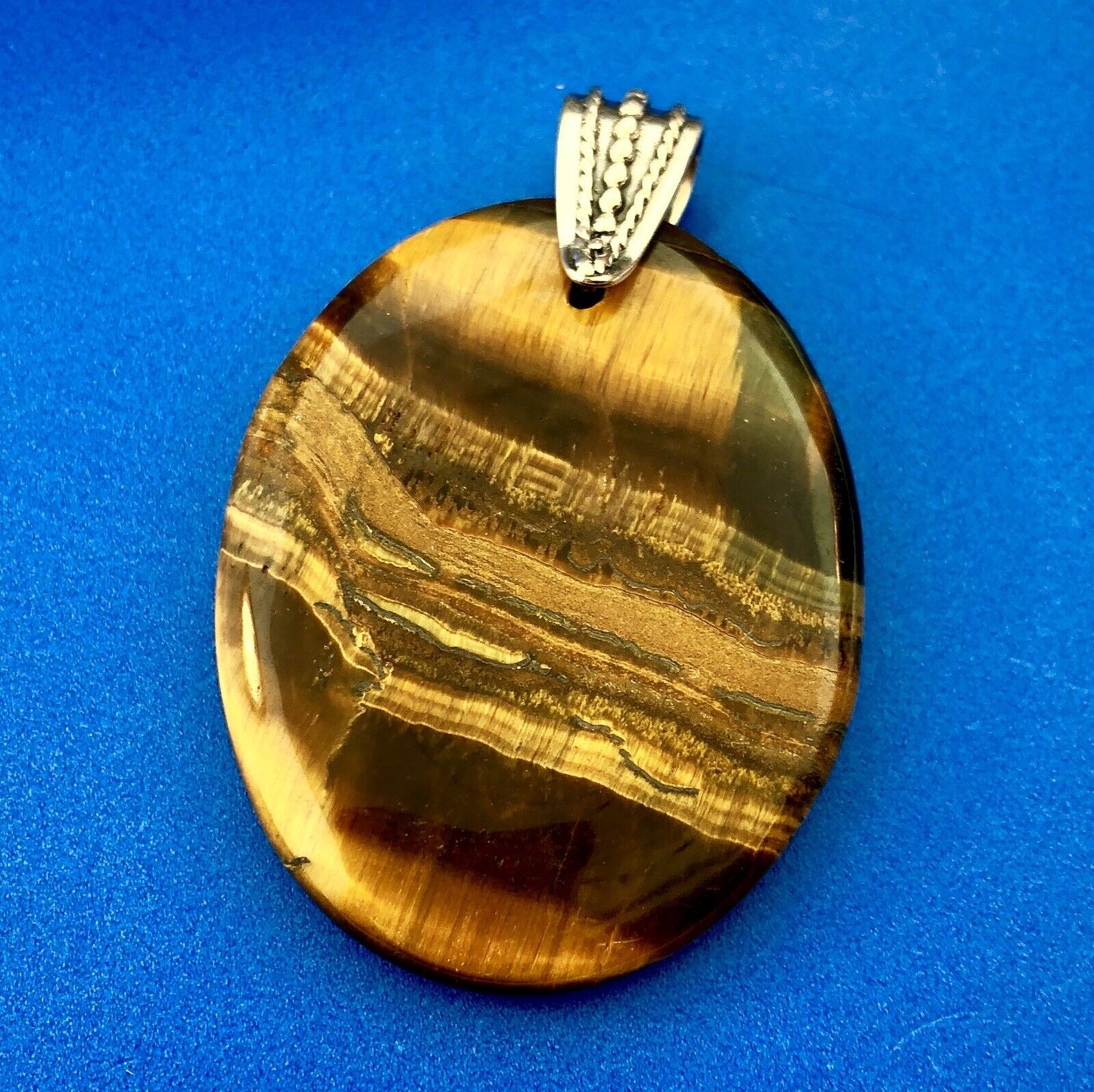 Retro 925 Sterling Silver Tiger Eye Worry Stone Chakra Statement Pendant