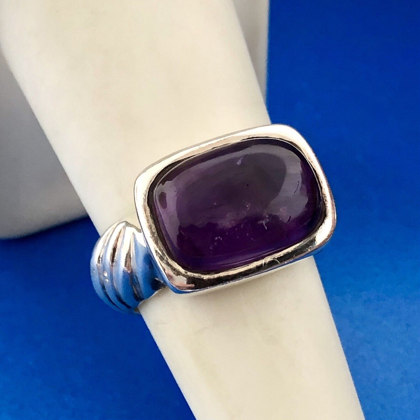 Retro 925 Sterling Silver Amethyst Cabochon Rectangle Cable Band Statement Ring