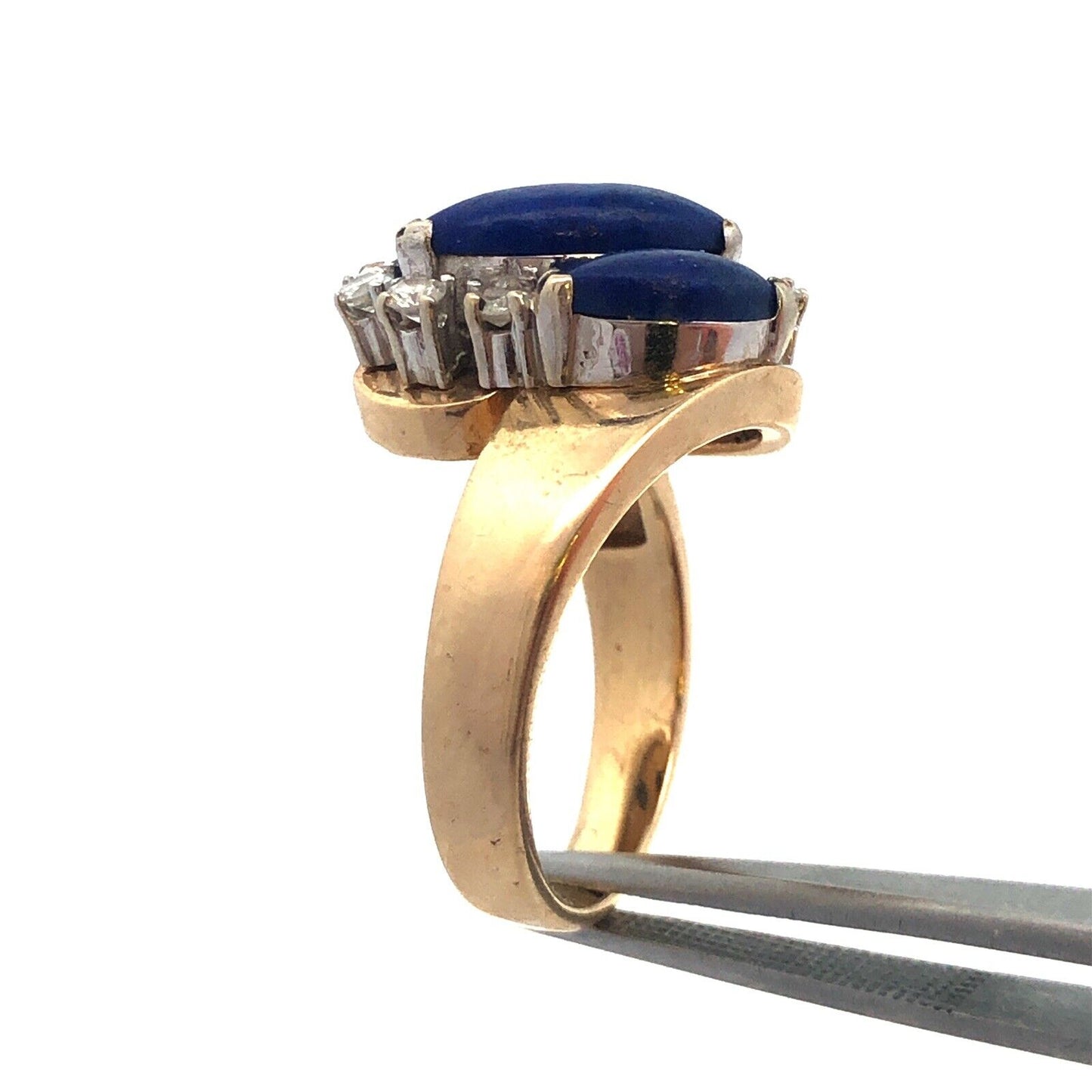 Gorgeous 14k Yellow Gold Cabochon Lapis Lazuli Diamond Bypass Ring Size 7.25