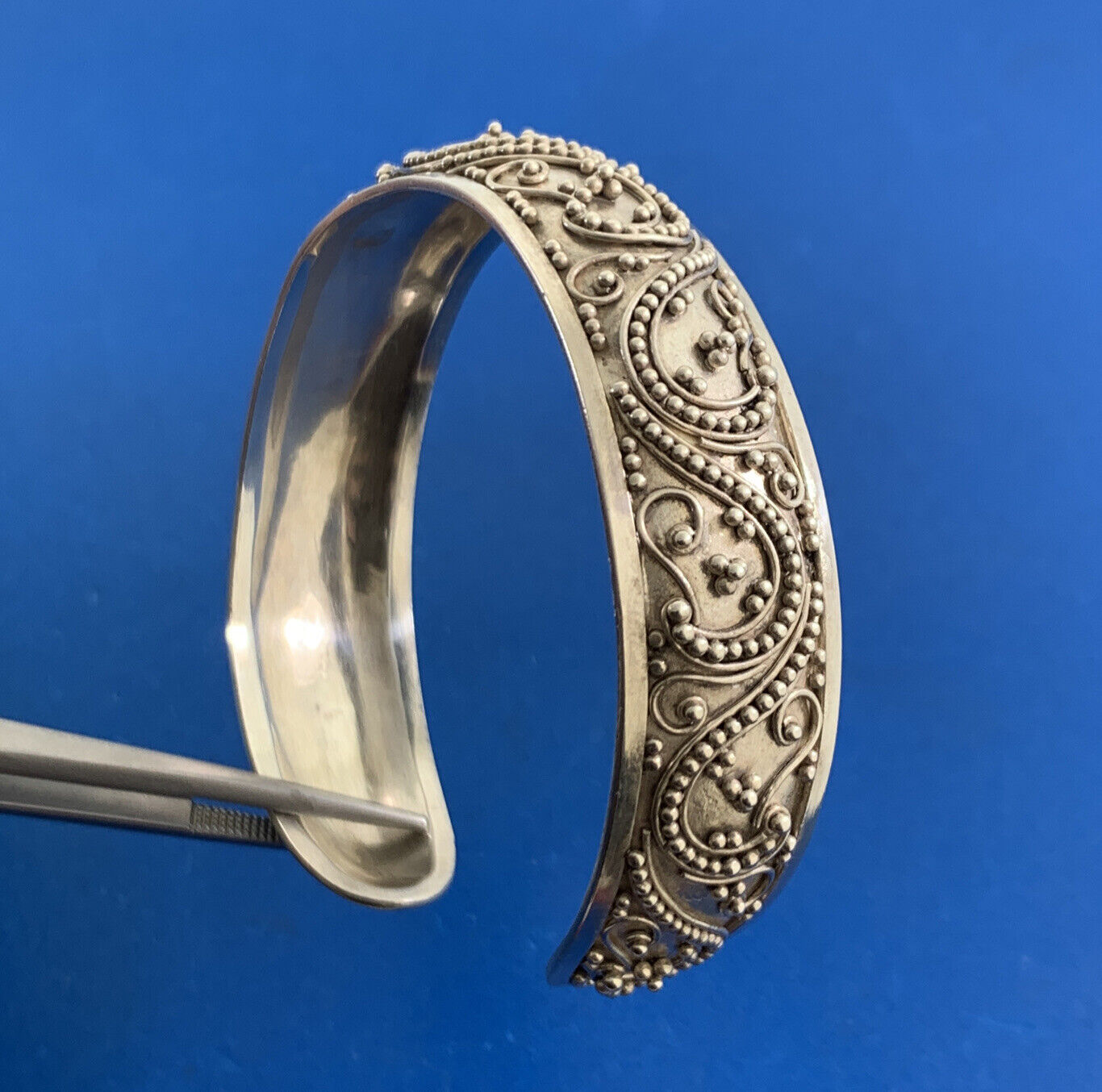 Designer 925 Sterling Silver Balinese Bead And Scroll Work Open Cuff Bracelet