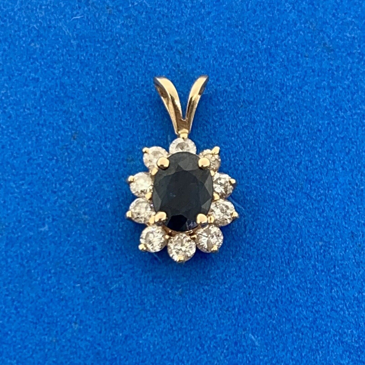 14K Yellow Gold Oval Blue Sapphire Diamond Halo Pendant