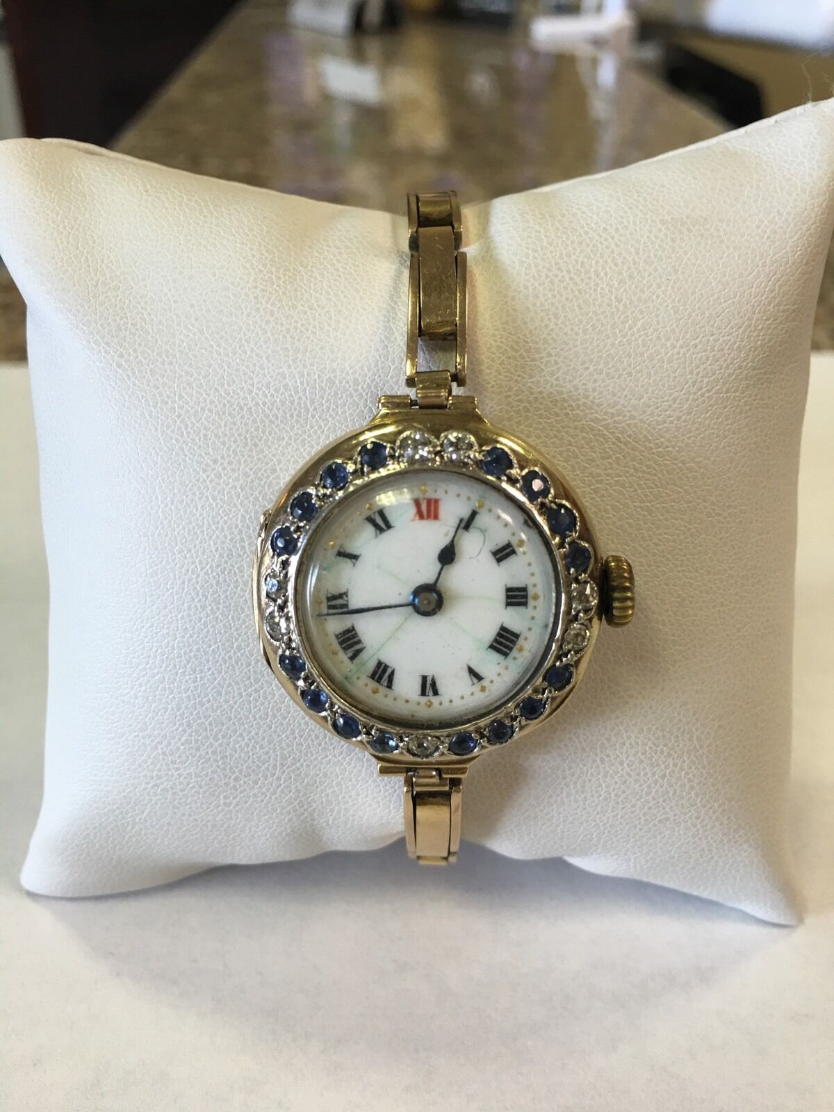 Ladies Vintage Victorian 14K Yellow Gold Diamond Sapphire Watch Adjusting Band