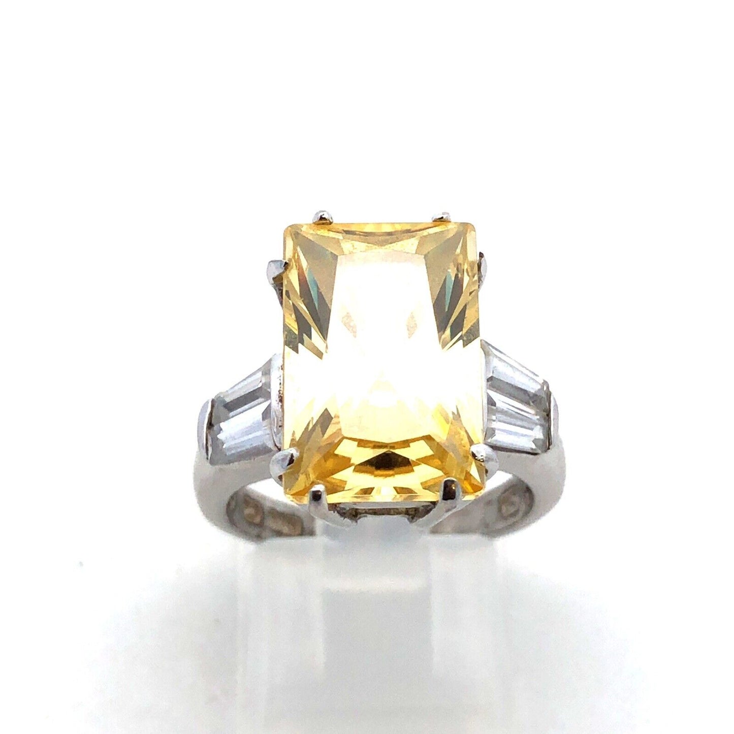 Designer CWE 925 Sterling Silver Radiant Emerald Lemon Quartz CZ Accent Ring