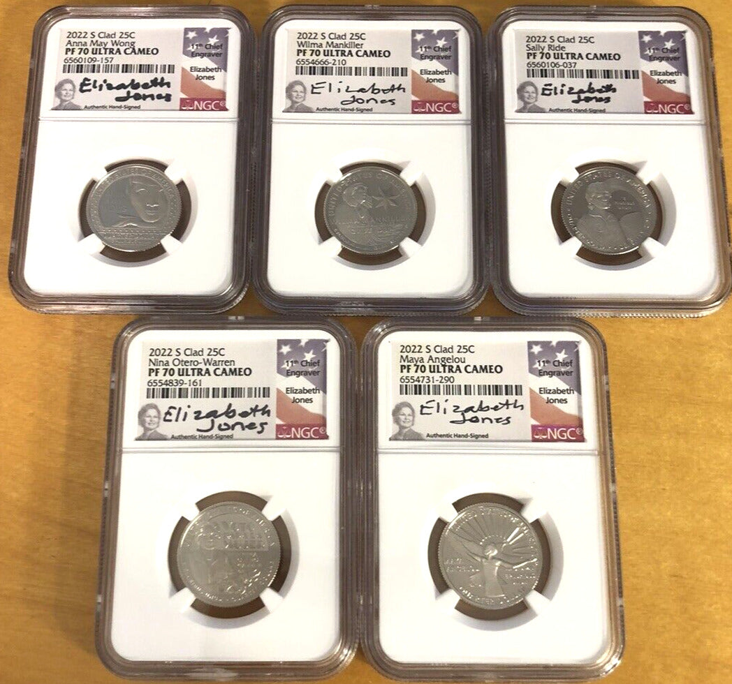 2022 S Clad 25C American Women PF 70 Signed Elizabeth Jones 5 Coin Quarter Set