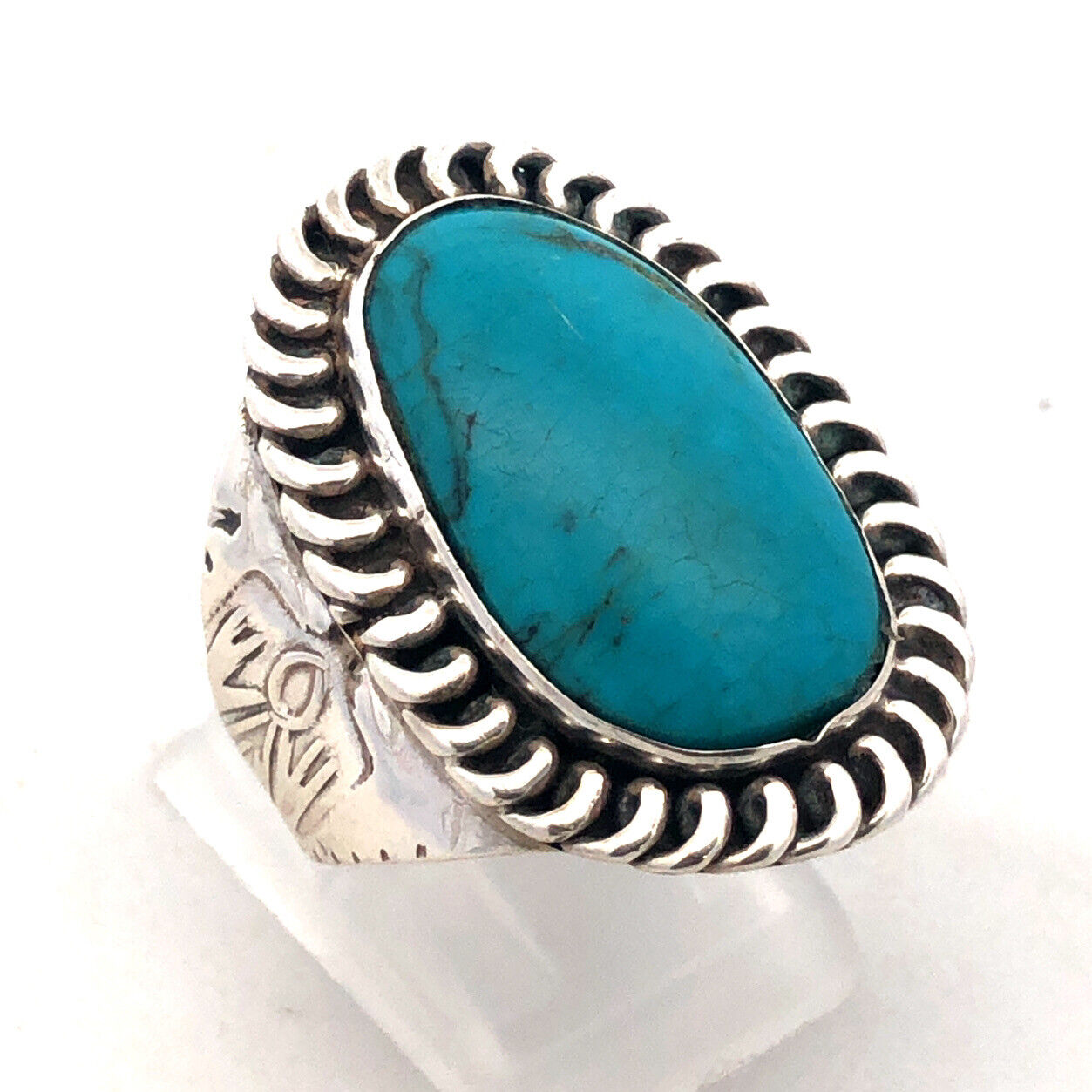Native American Concho 925 Sterling Silver Oval Turquoise Storyteller Ring