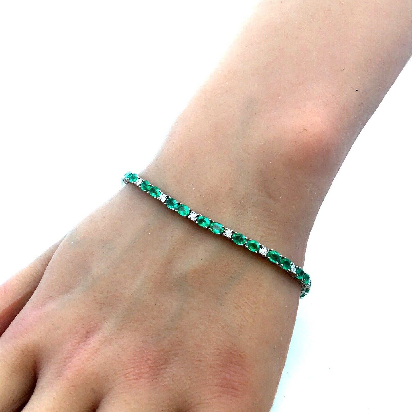 Designer CEI 14K White Gold Oval Green Emerald White Topaz Tennis Bracelet