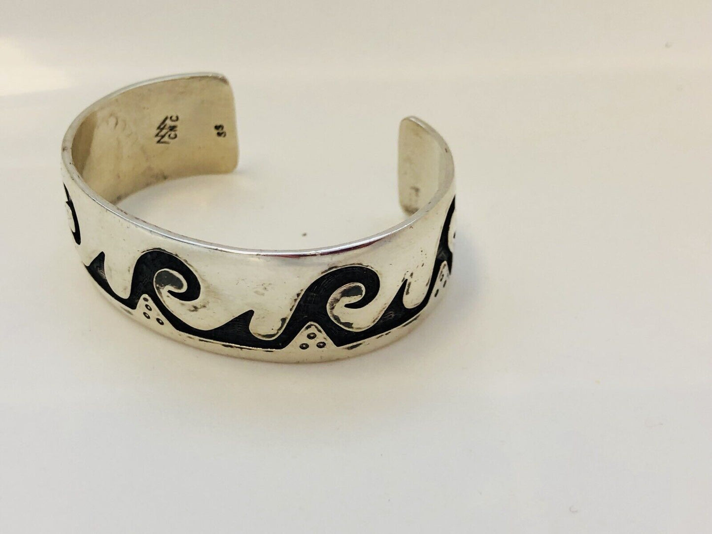 Vintage Native American Sterling Silver Overlay Wave Storyteller Cuff Bracelet