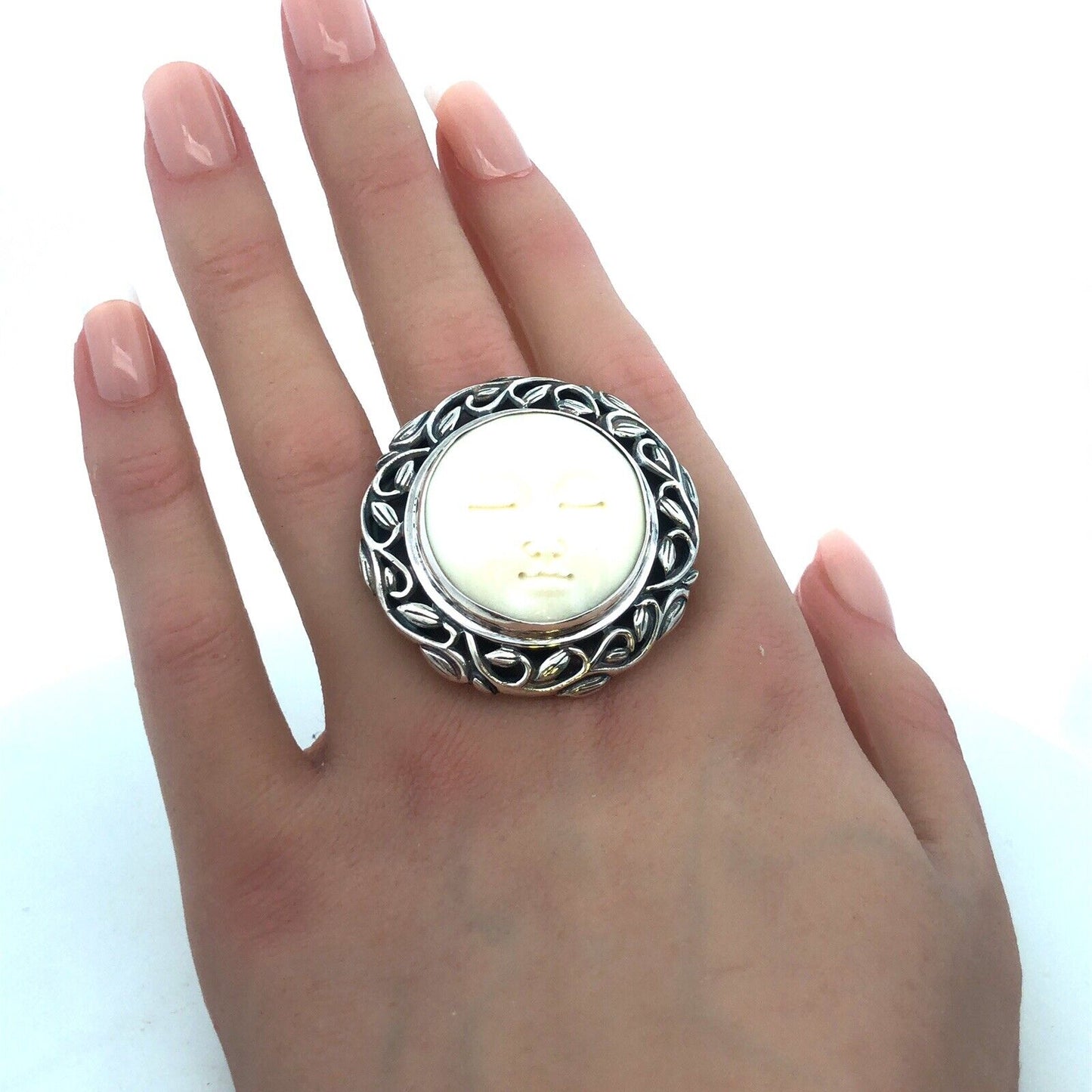 Vintage 925 Sterling Silver Round Carved Resin Moon Face Vine Statement Ring