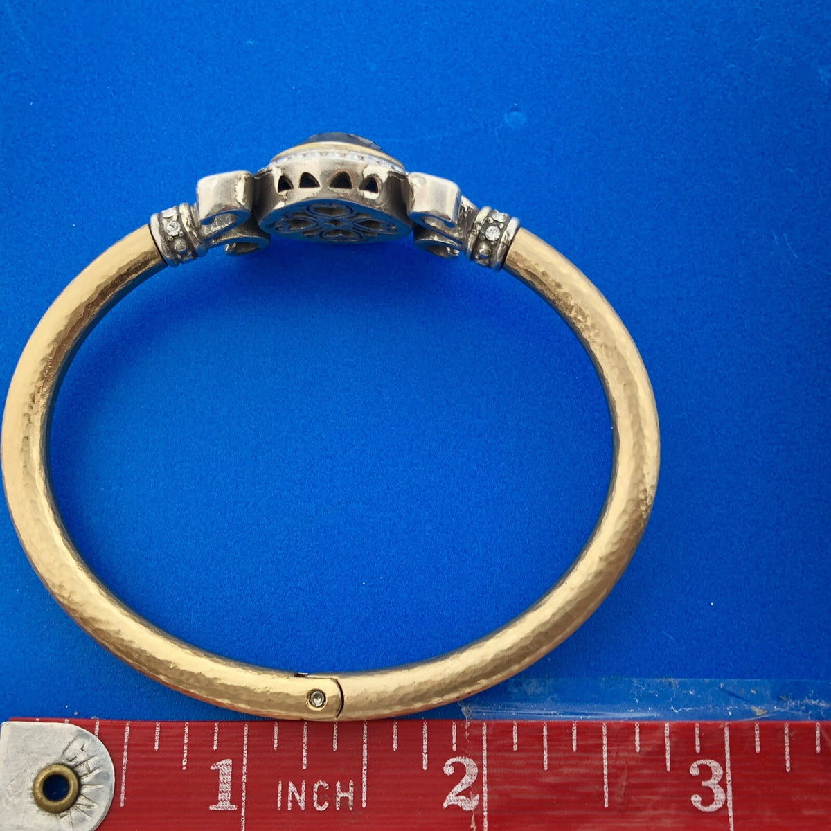 Stunning Silver Plated Smoky Quartz White Rhinestone Hinged Cuff 6.5" Bracelet