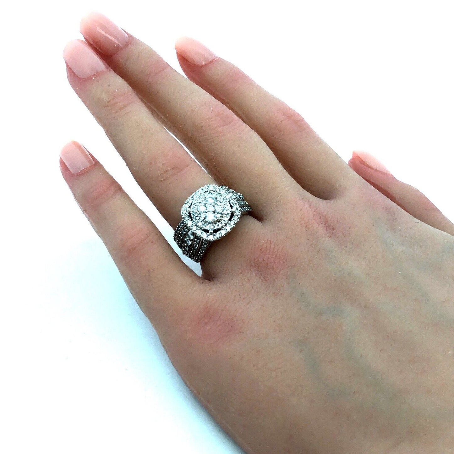 Designer IKS 10K White Gold Round Diamond Cluster Halo Statement Engagement Ring