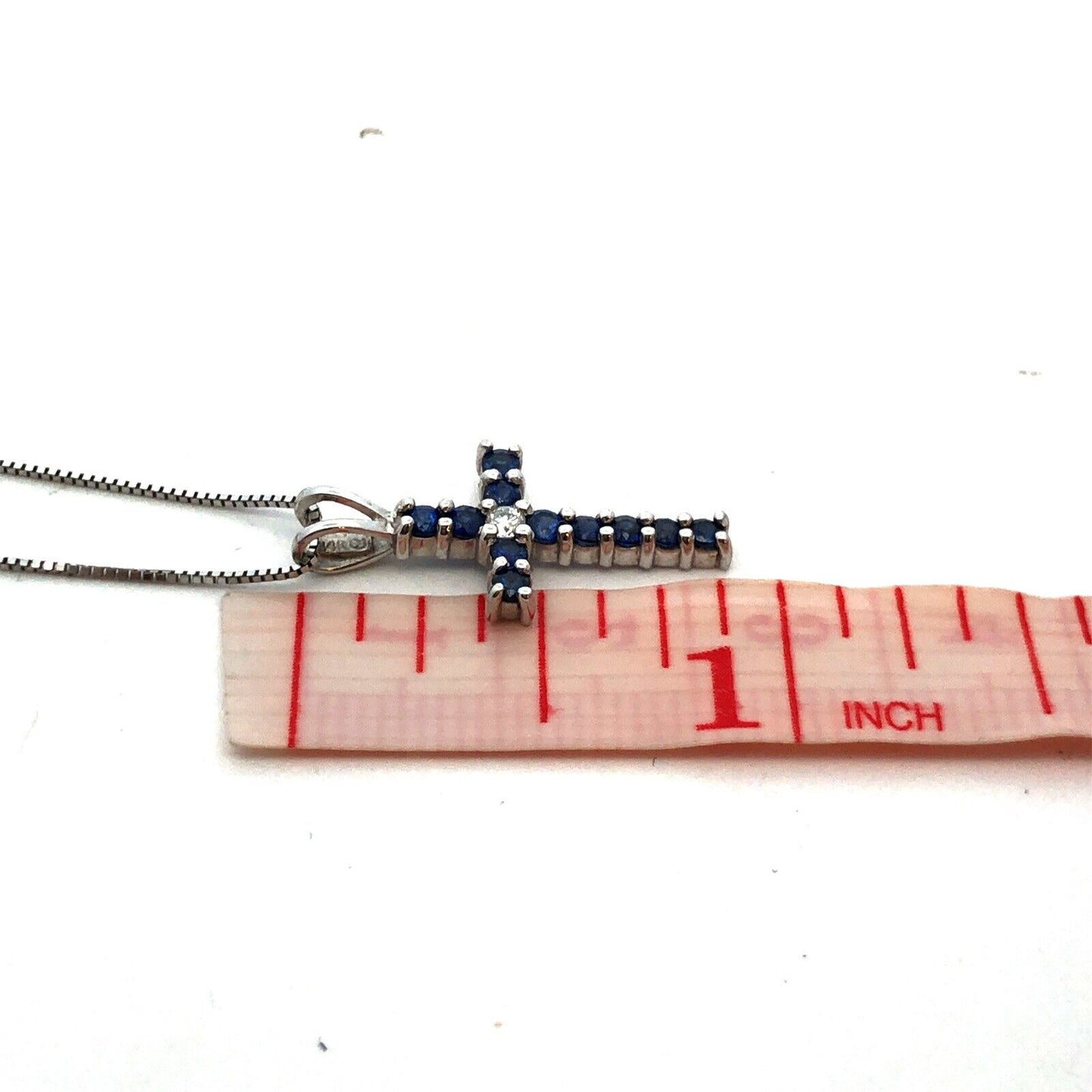 Designer 14K White Gold Blue Sapphire Diamond Pave Cross Pendant Necklace