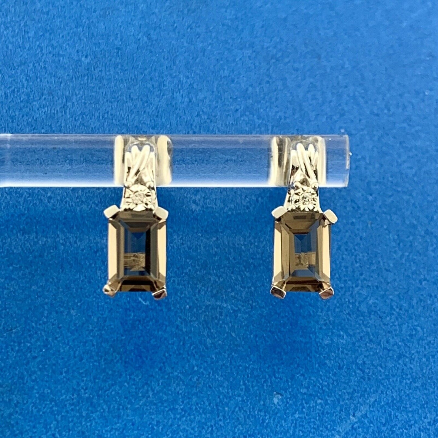 Designer 10K White Gold Rectangle Smoky Quartz Diamond Accented Stud Earrings