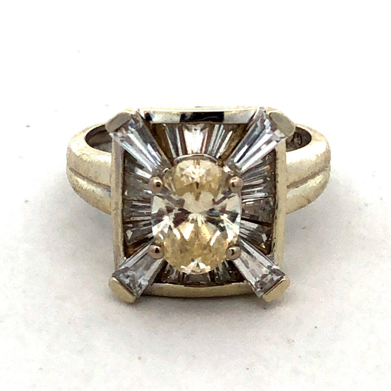 Designer PI 14K White Gold Oval Cubic Zirconia CZ Rectangle Engagement Ring