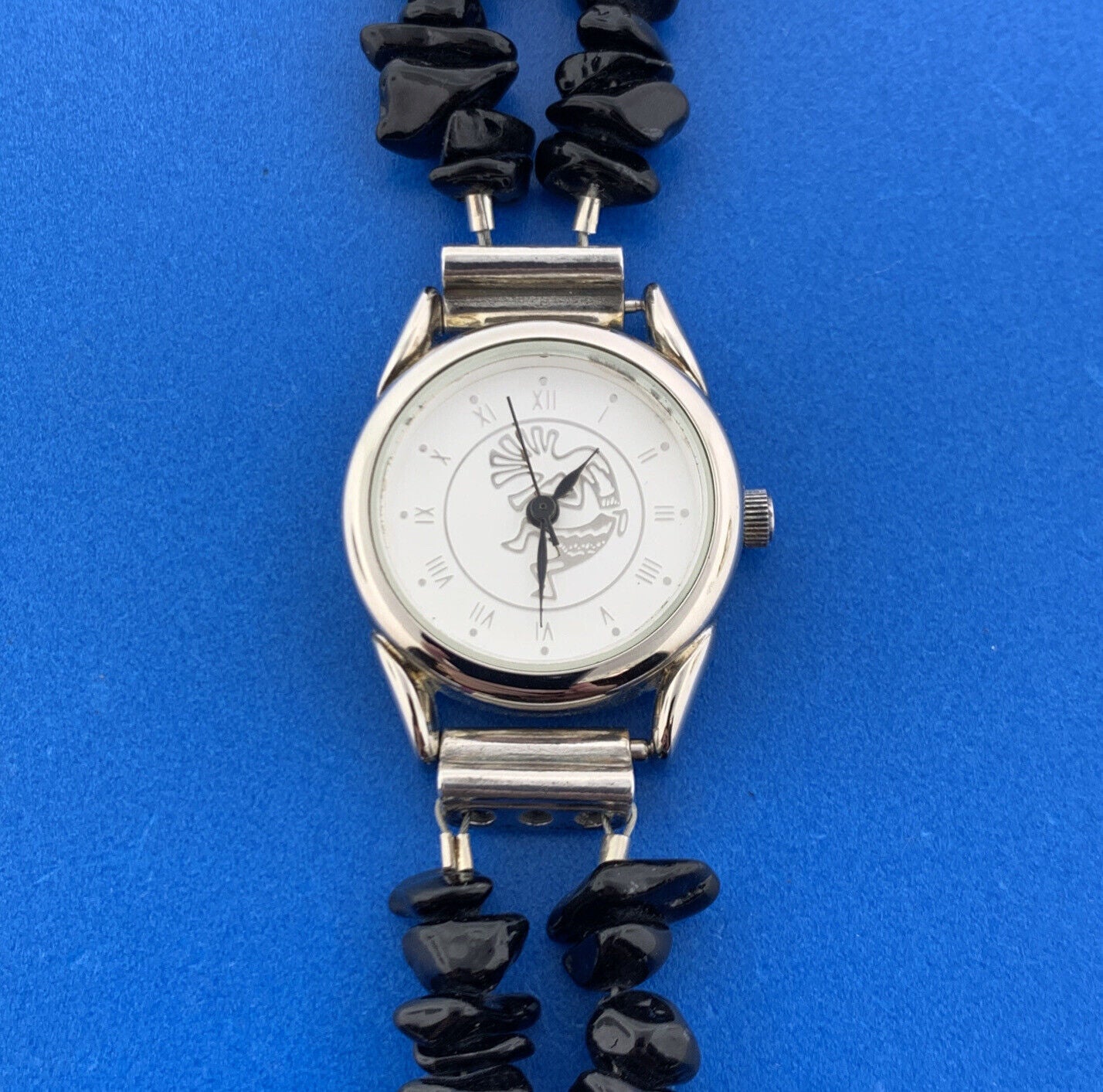Kokopelli Dancing Flute Player 8" Black Shard Stainless Steel Wristwatch Running