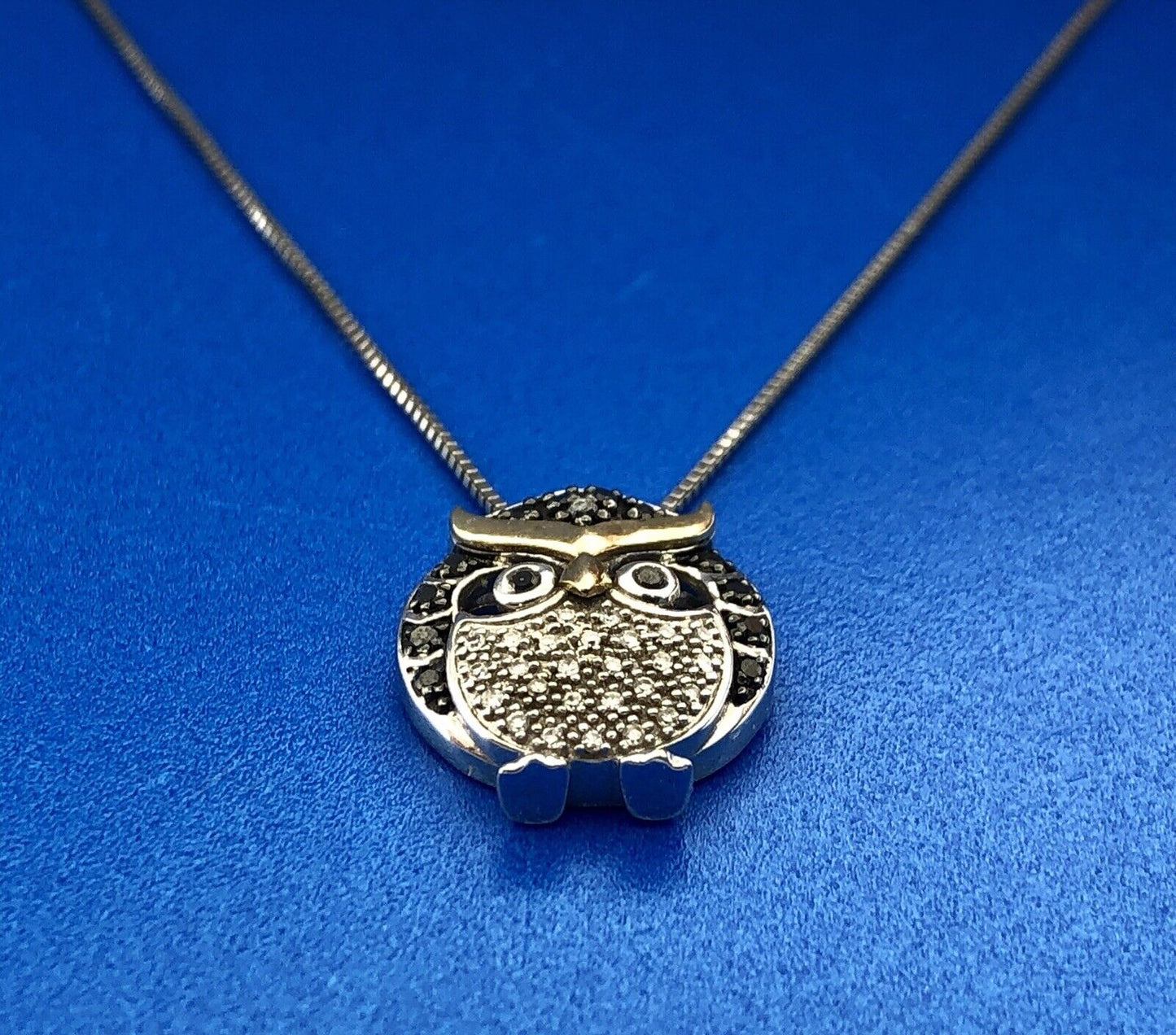Designer 10K Yellow Gold Sterling Silver Black White Diamond Chubby Owl Necklace