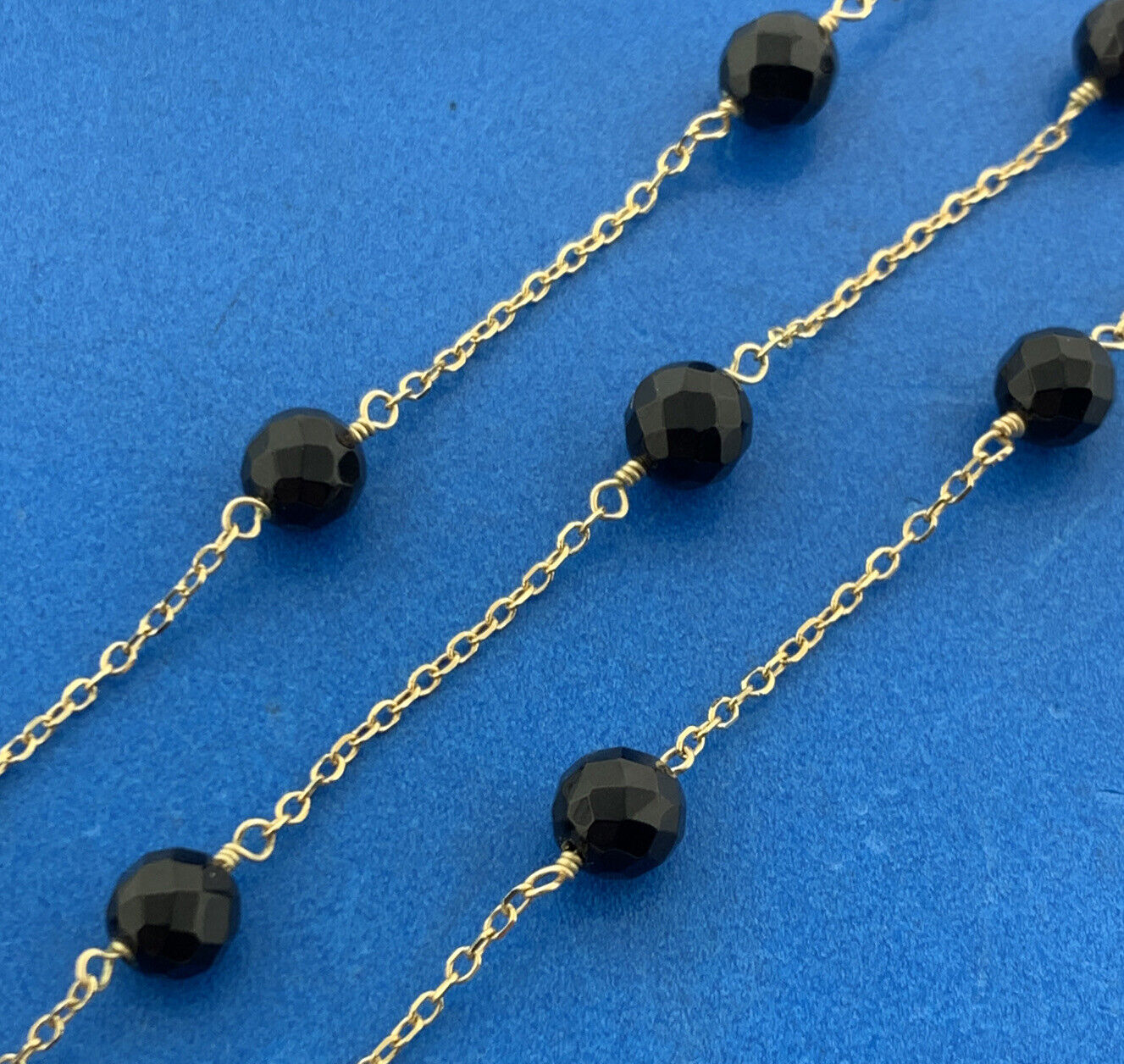 Designer 14K Yellow Gold Faceted Black Onyx Bead Station Chain Necklace