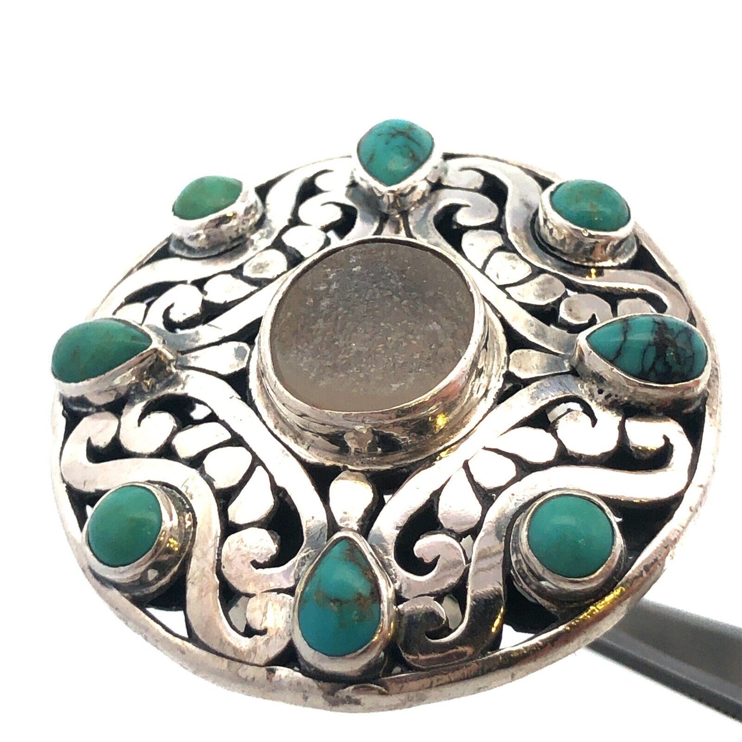 Native American 925 Sterling Silver Turquoise Druzy Quartz Round Statement Ring