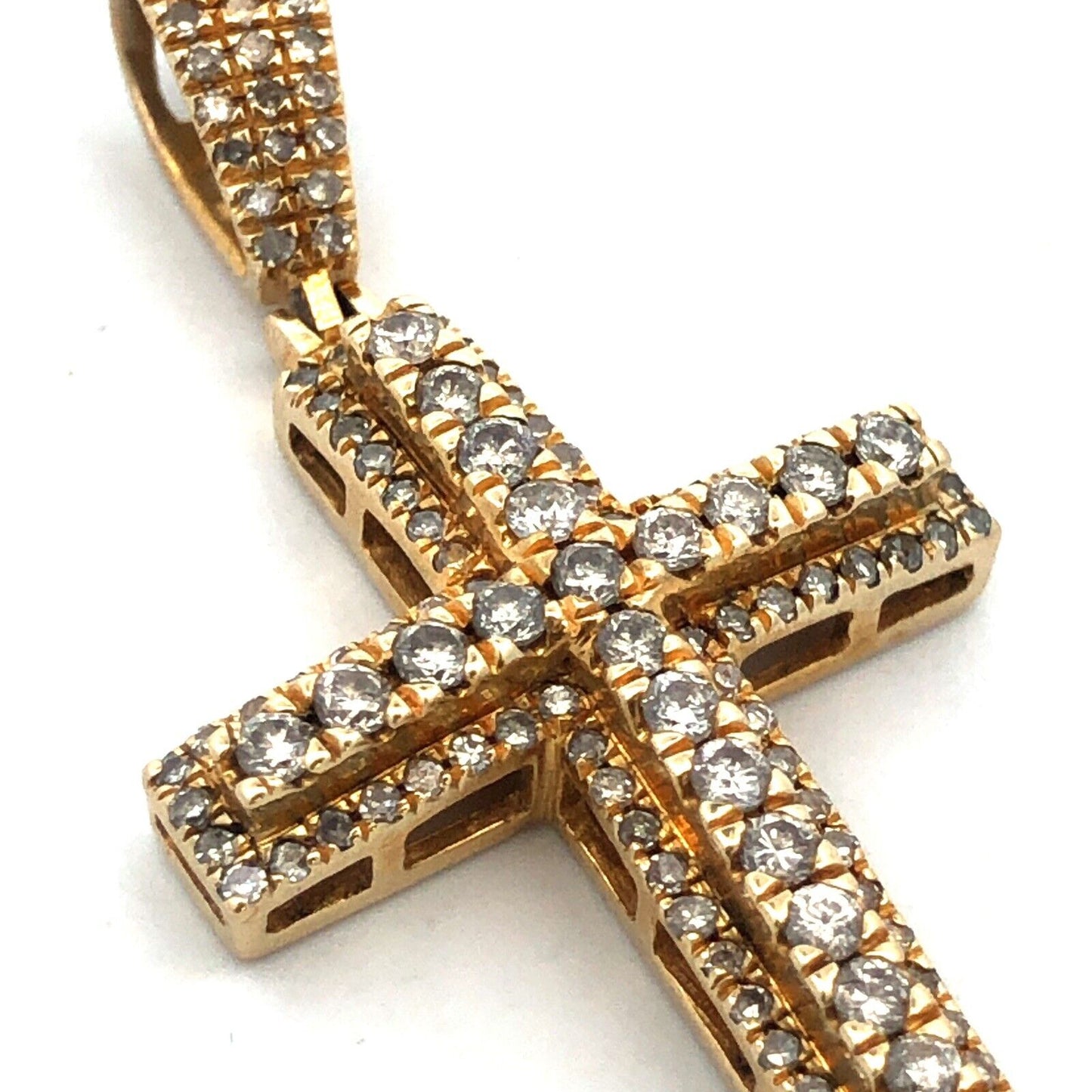 Estate 10K Yellow Gold Round Diamond Encrusted Cross Pendant