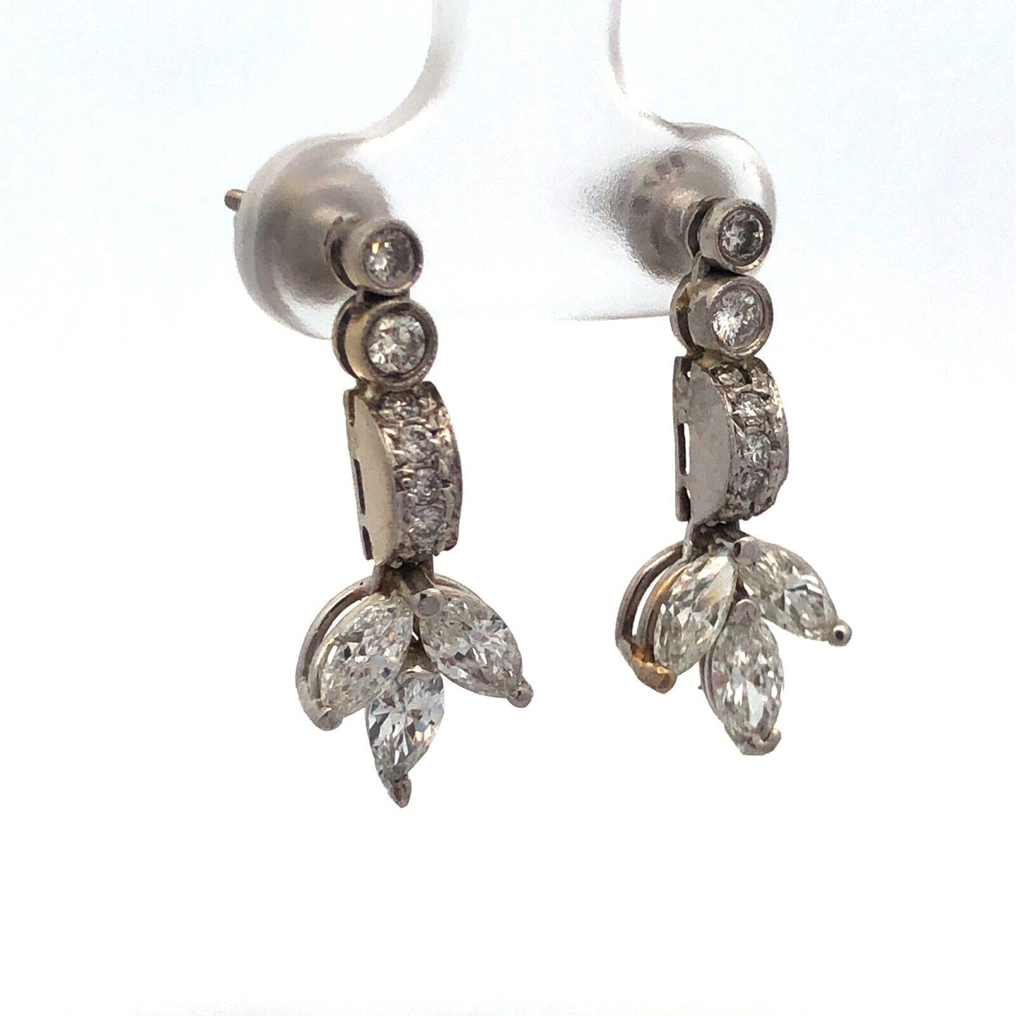 Designer 14K White Gold Diamond Floral Cluster Dangle Pierced Stud Earrings