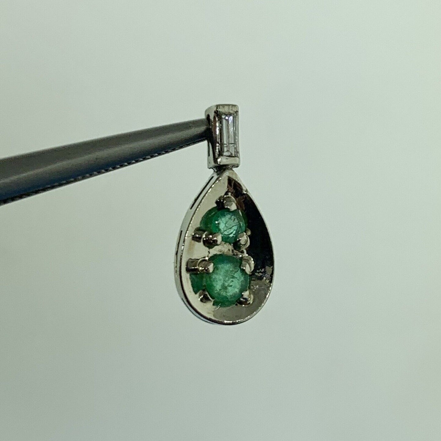 14K White Gold Emerald Diamond Baguette Accented Pear Shaped Pendant