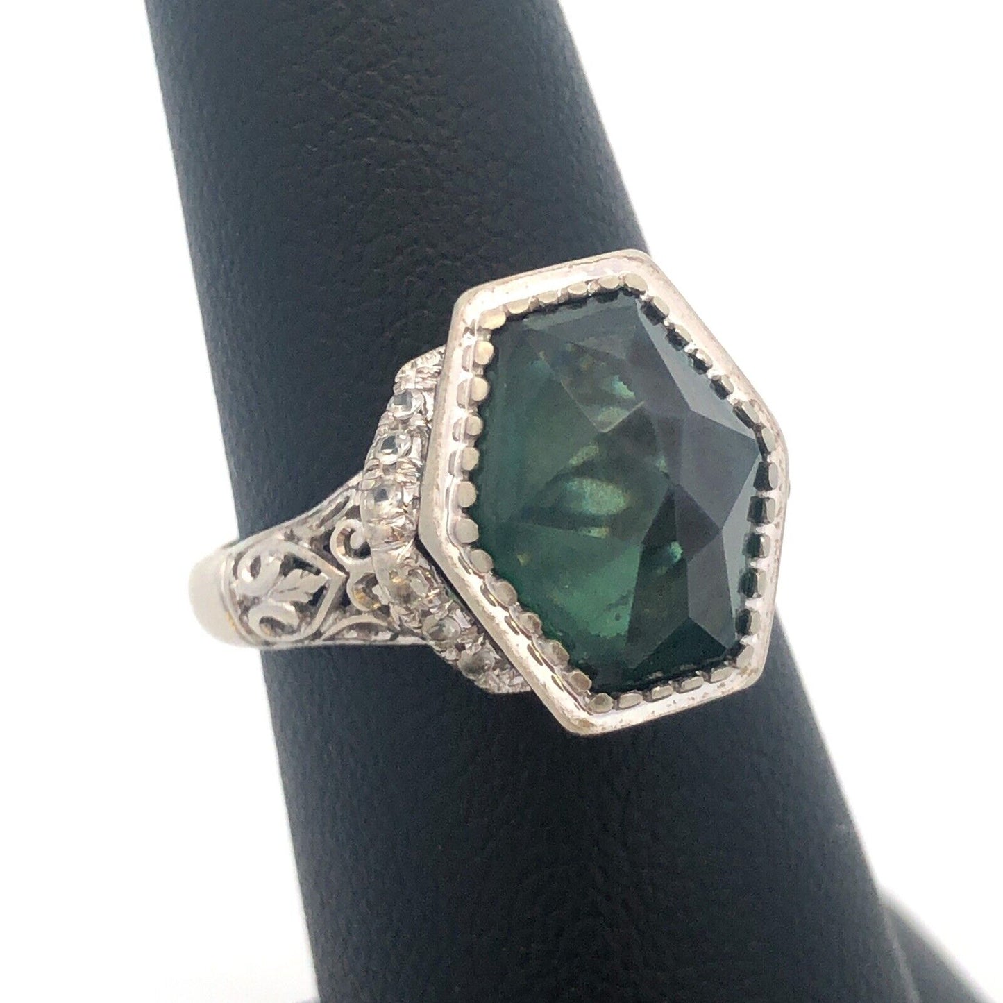 Stunning Art Deco 18K White Gold Hexagon Green Sapphire Statement Cocktail Ring