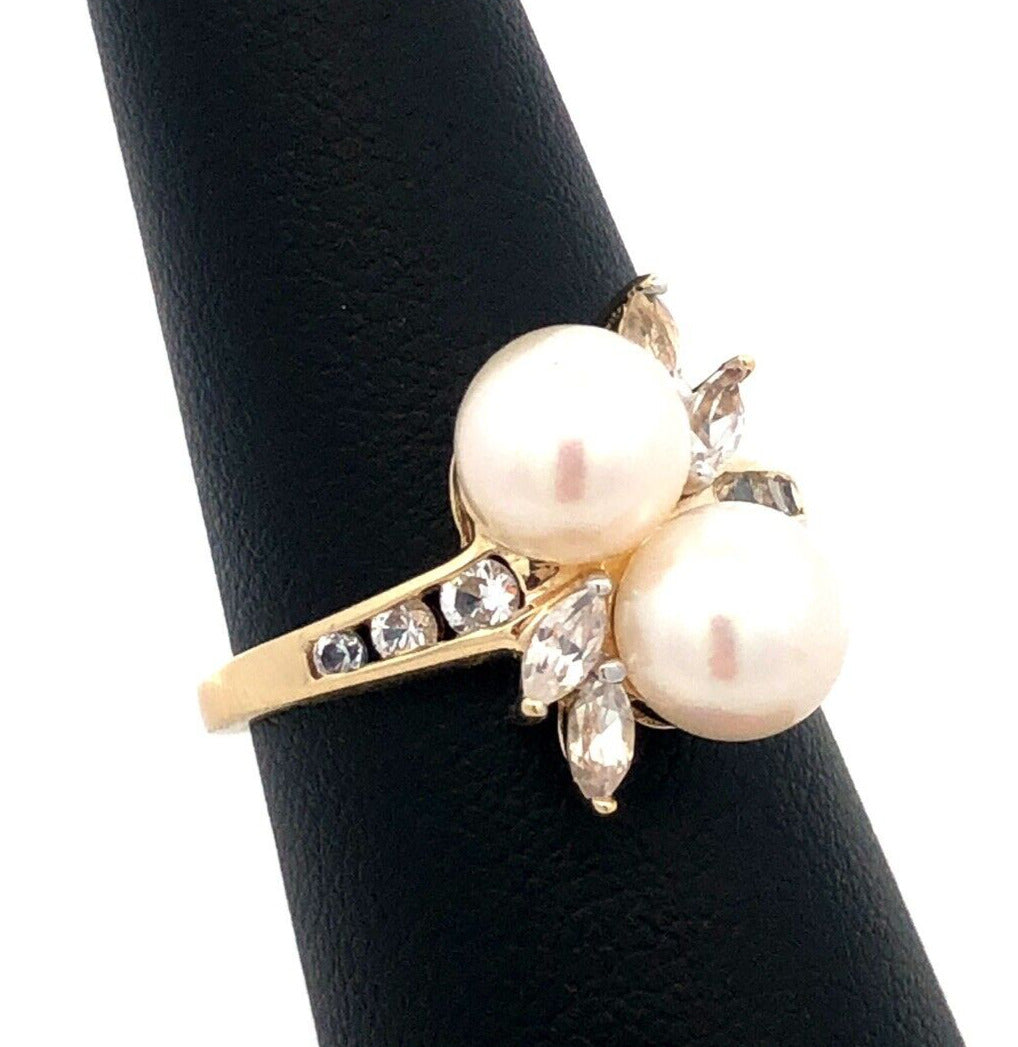 Designer AV 10K Yellow Gold Round White Pearl Duo Marquise Topaz Accent Ring