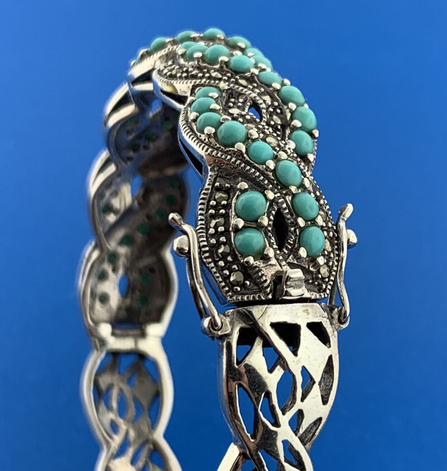 Sterling Silver 925 Turquoise Marcasite Dual Spiral 7" Hinged Cuff Bracelet